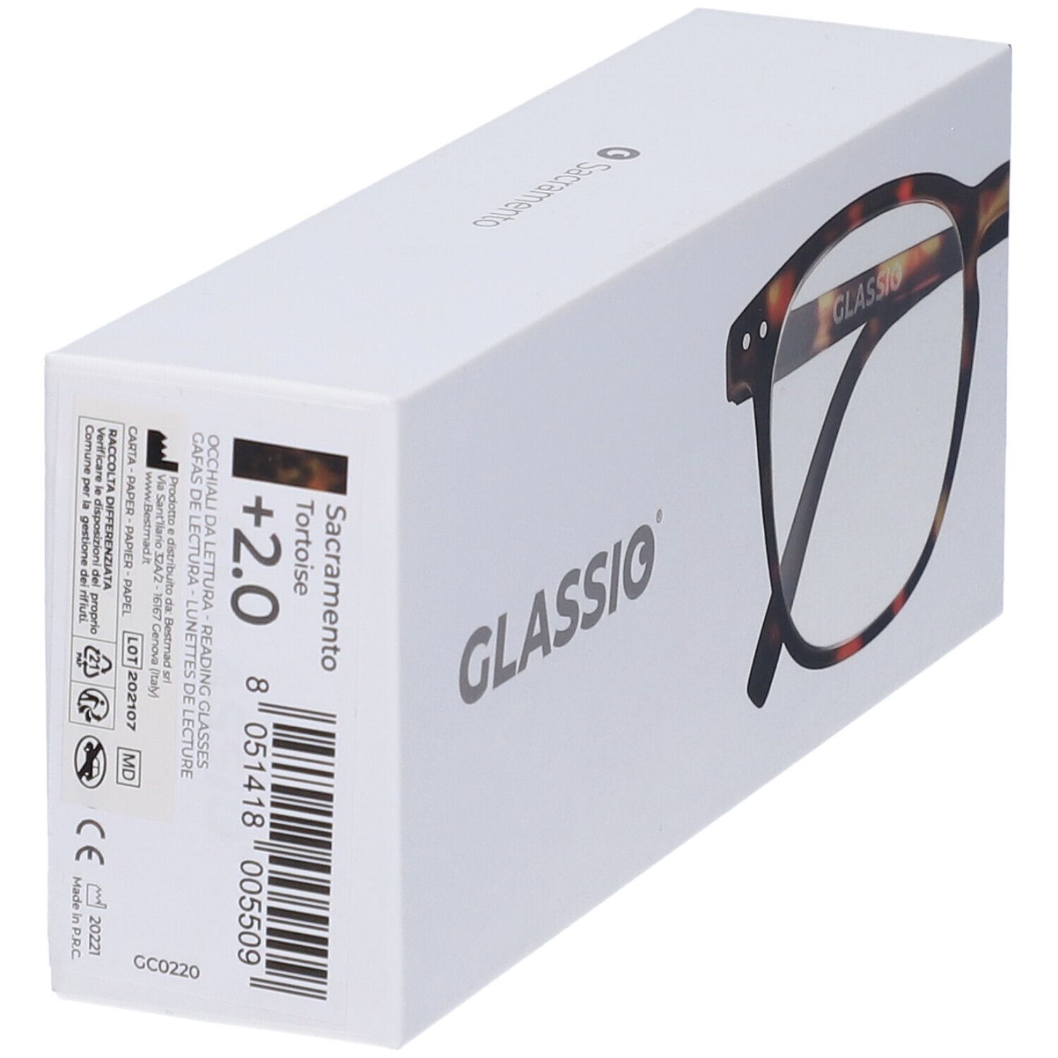 Astuccio per occhiali con informazioni sul prodotto. Scritta GLASSiO. Occhiali marrone tartarugato, forma rettangolare. +2,0.
