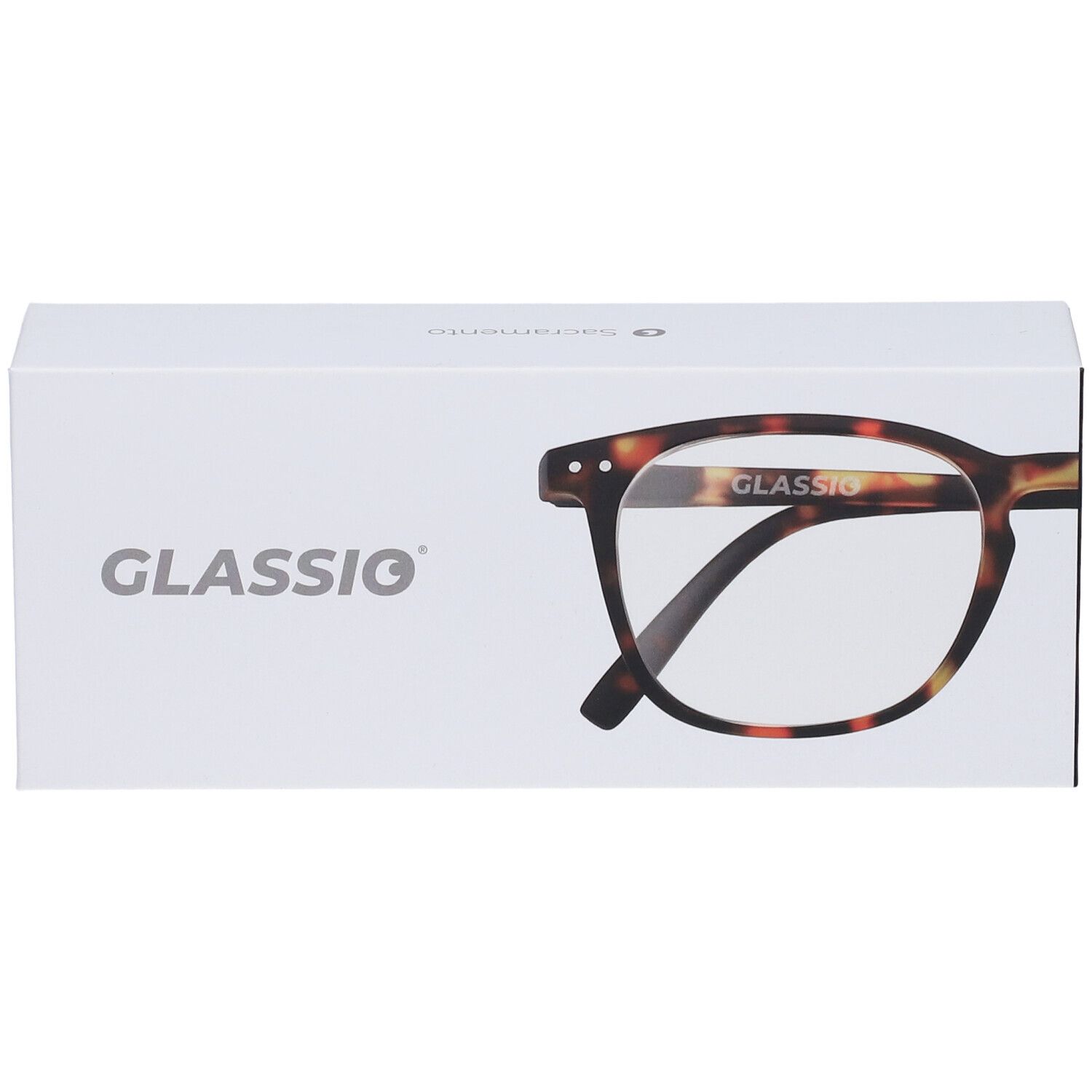 Astuccio per occhiali con illustrazione. Scritta GLASSiO. Occhiali marrone tartarugato, forma rettangolare.