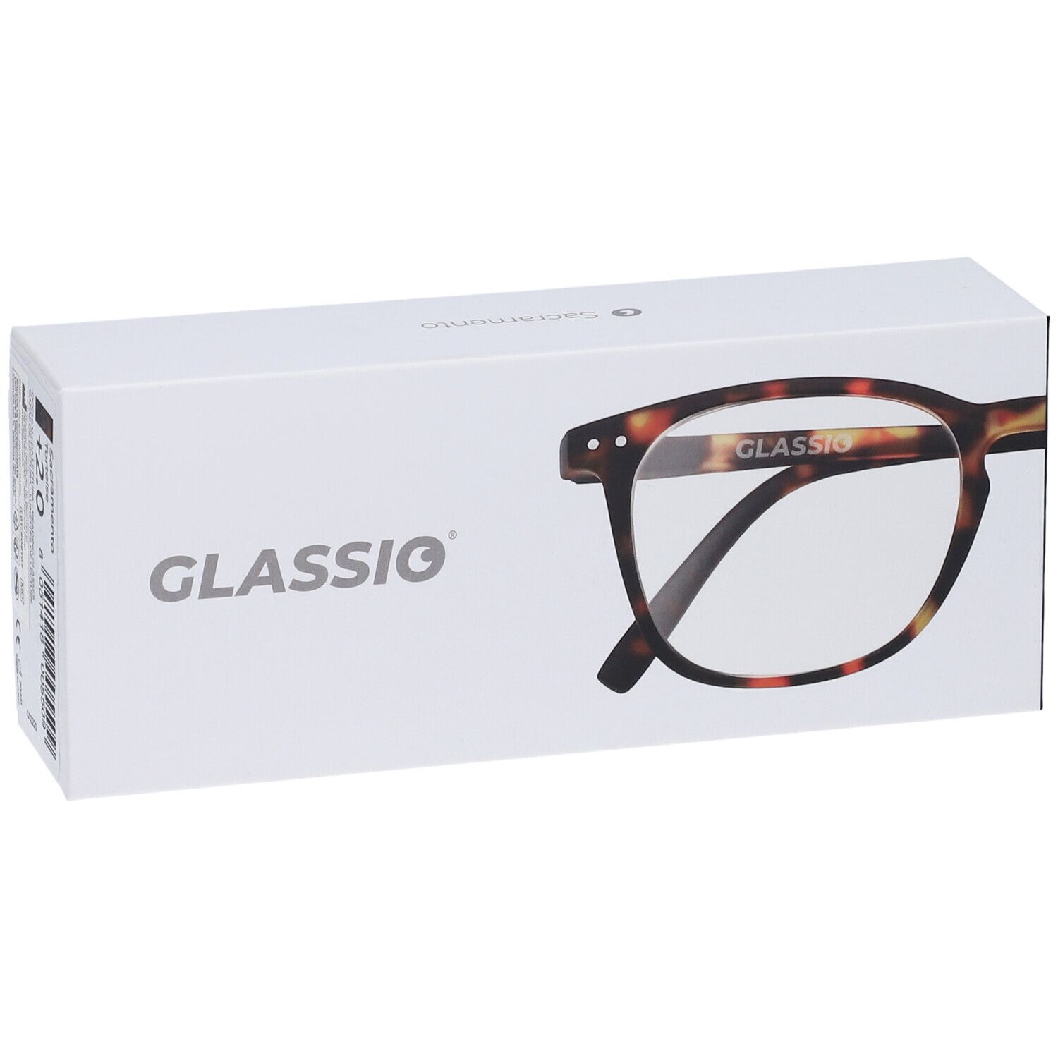 Astuccio per occhiali con illustrazione. Scritta GLASSiO. Occhiali marrone tartarugato, forma rettangolare.