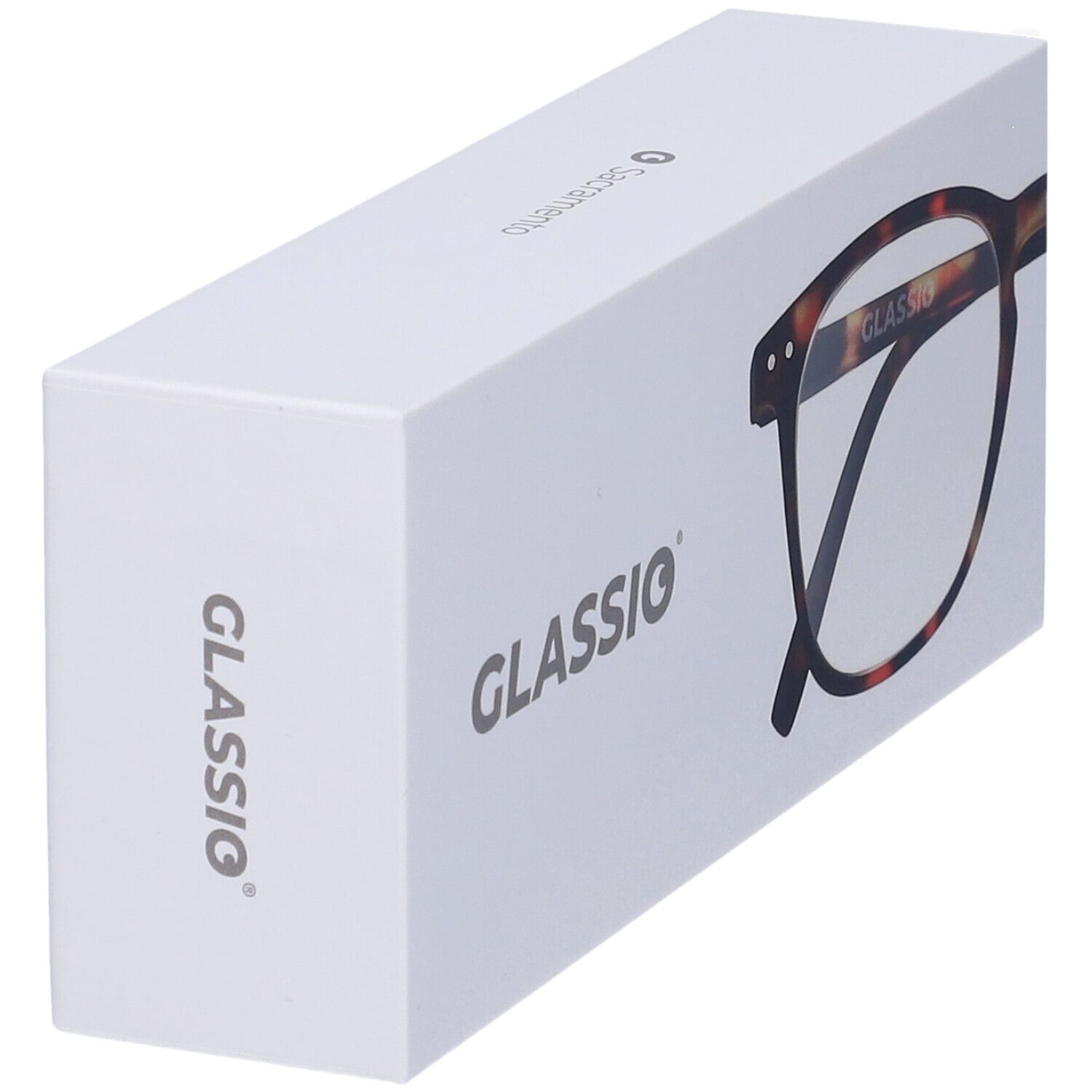 Scatola bianca con logo GLASSIO e illustrazione di occhiali. Occhiali con montatura marrone.
