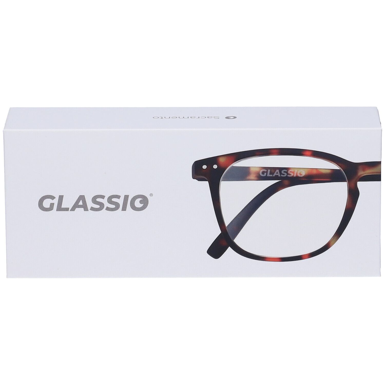Scatola bianca con logo GLASSIO e illustrazione di occhiali. Occhiali con montatura marrone.