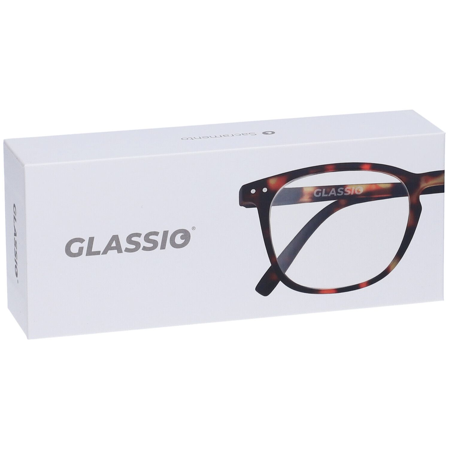 Scatola bianca con logo GLASSIO e illustrazione di occhiali. Occhiali con montatura marrone.