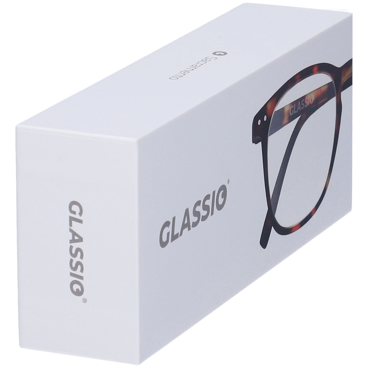 Confezione bianca con occhiali tartarugati. Il marchio "GLASSio" è visibile.