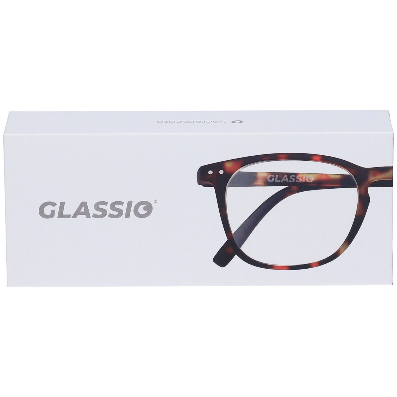 Confezione bianca con occhiali tartarugati. Scritta: "GLASSio".