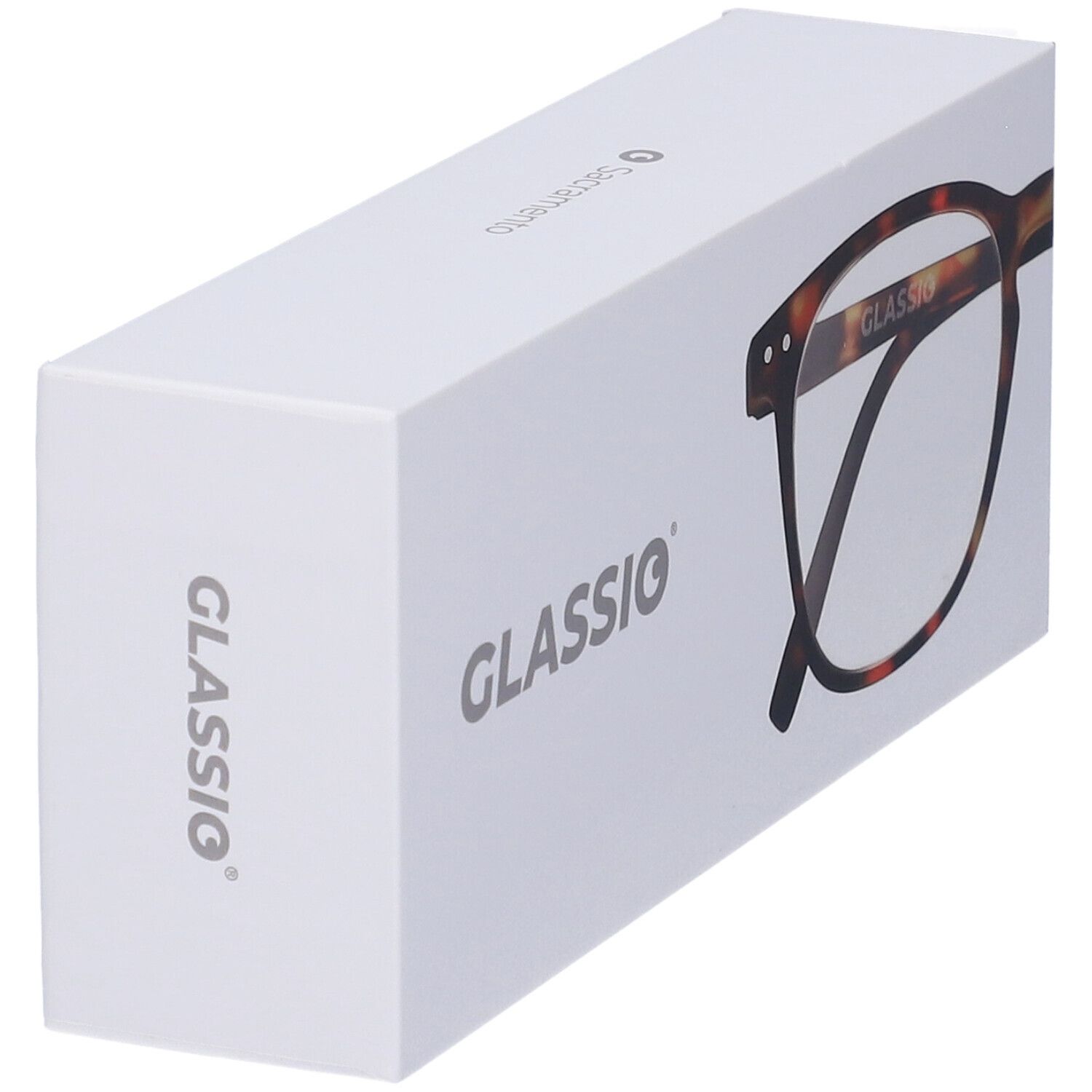 Confezione bianca con "GLASSio" e modello di occhiali. Gli occhiali sono parzialmente visibili.