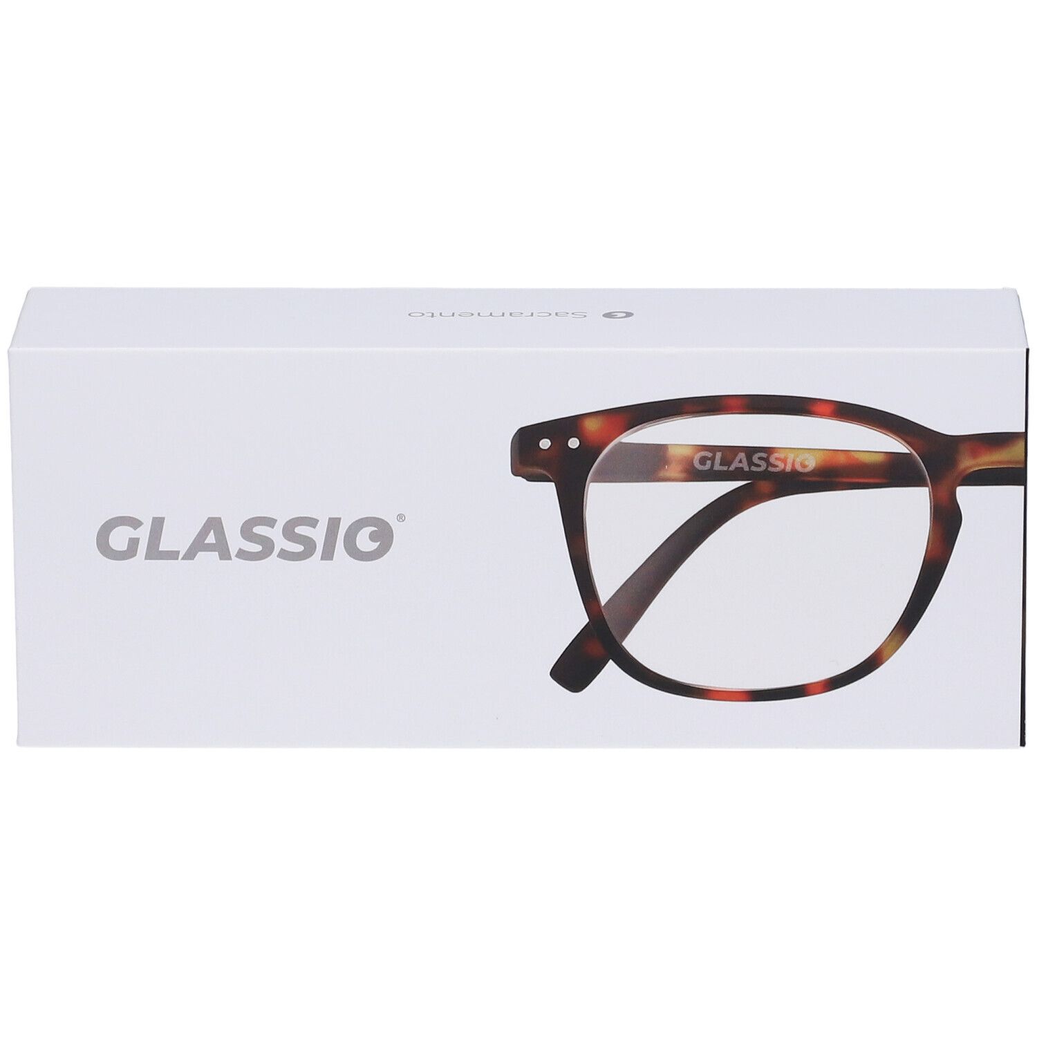 Confezione bianca con "GLASSio" e modello di occhiali. Gli occhiali sono parzialmente visibili.