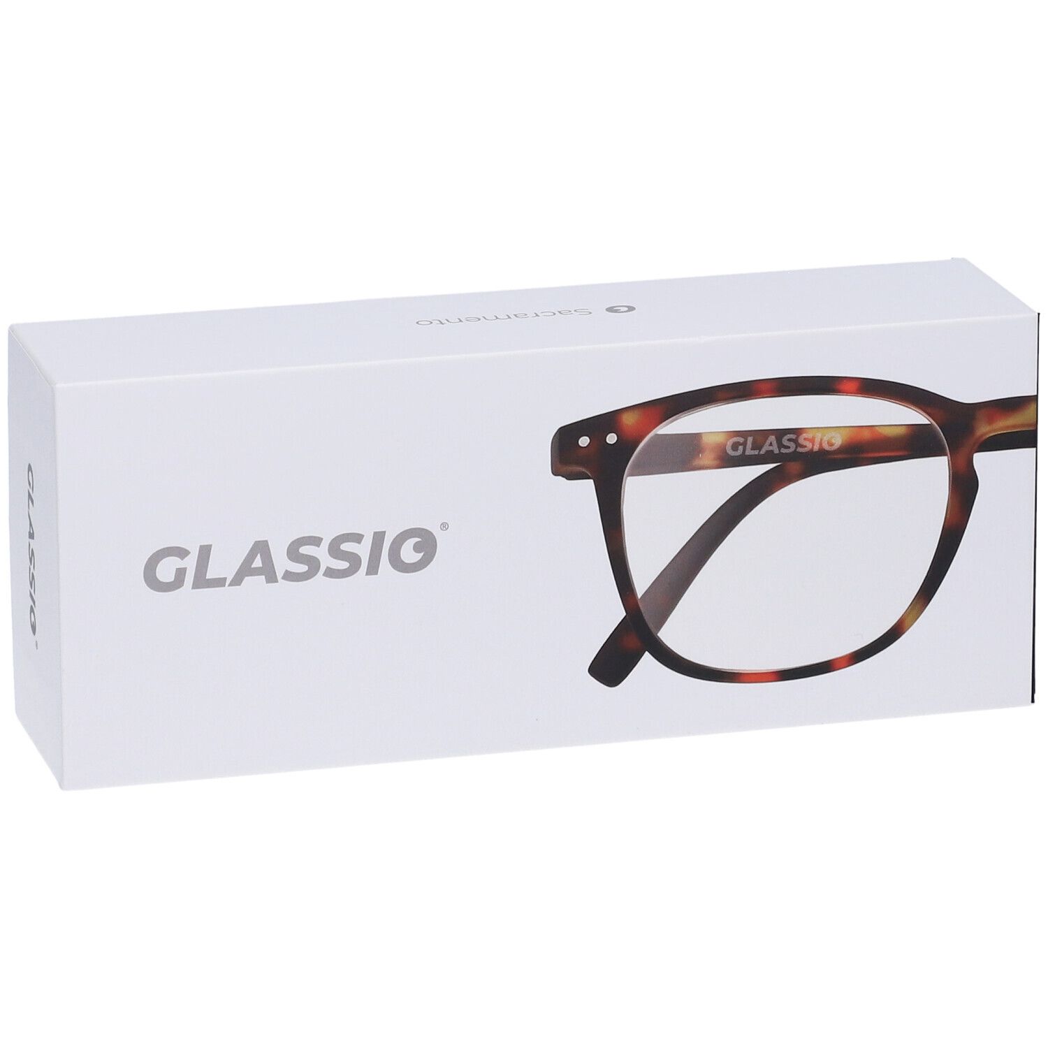Confezione bianca con "GLASSio" e modello di occhiali. Gli occhiali sono parzialmente visibili.