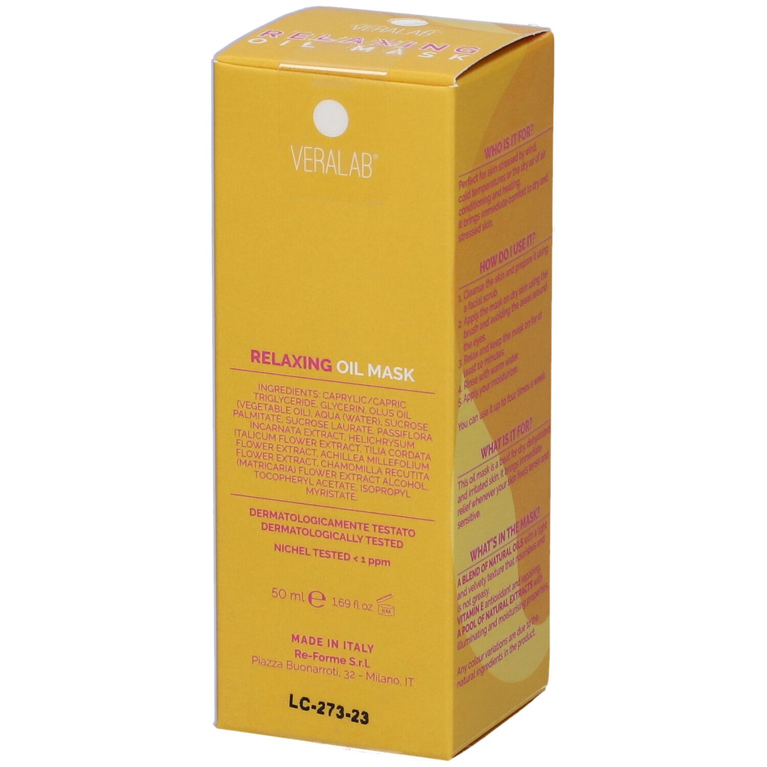 Confezione gialla con ingredienti e informazioni. Dermatologicamente testato. Nichel testato.