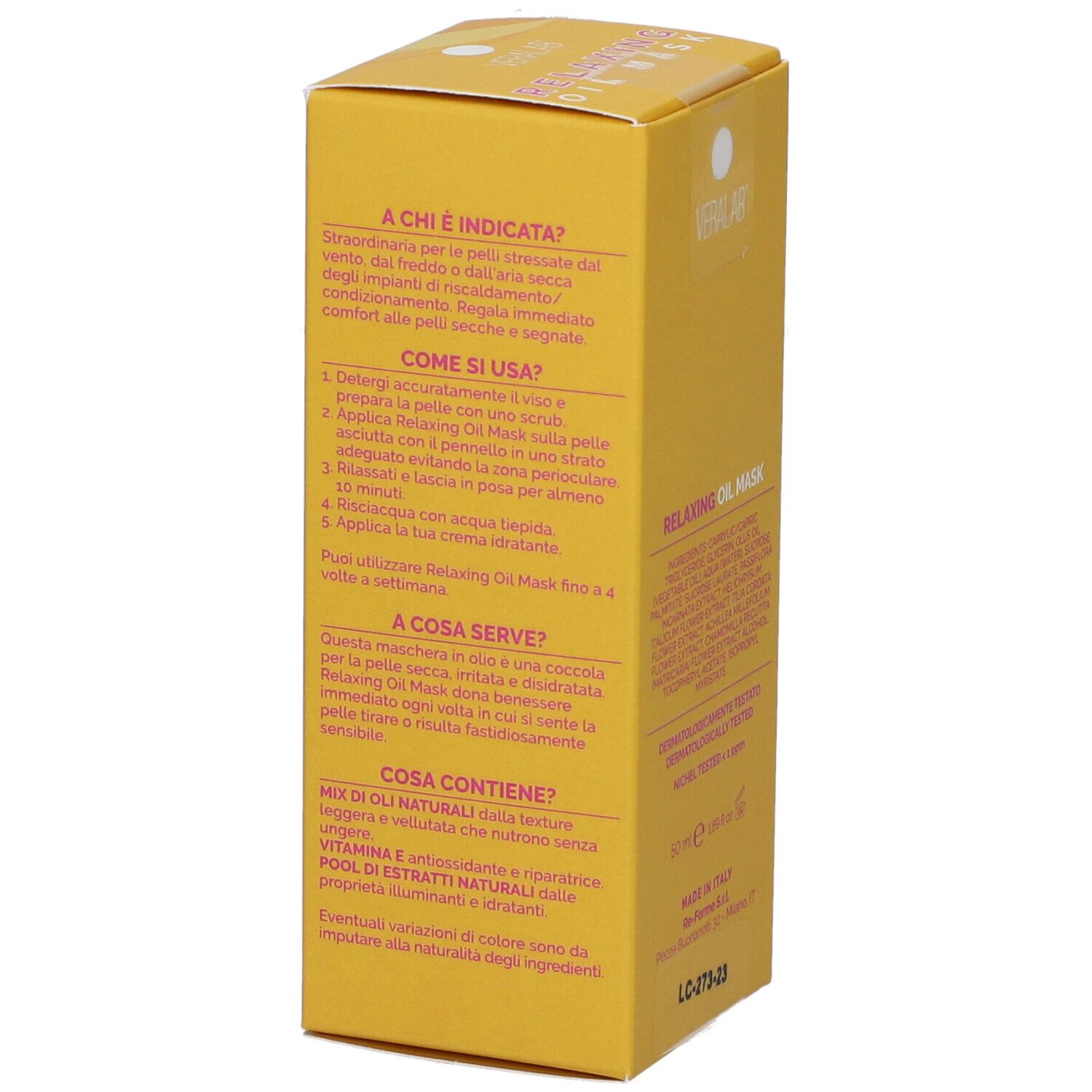 Confezione gialla con testi. Domande: Per chi? Come si usa? A cosa serve? Cosa contiene?