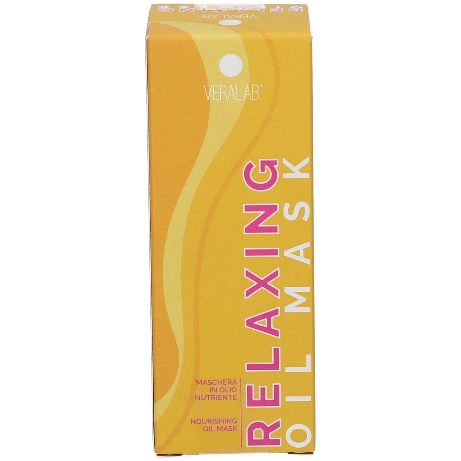 Confezione gialla con nome prodotto Relaxing Oil Mask. Logo Veralab. Testo: Maschera in olio nutriente.