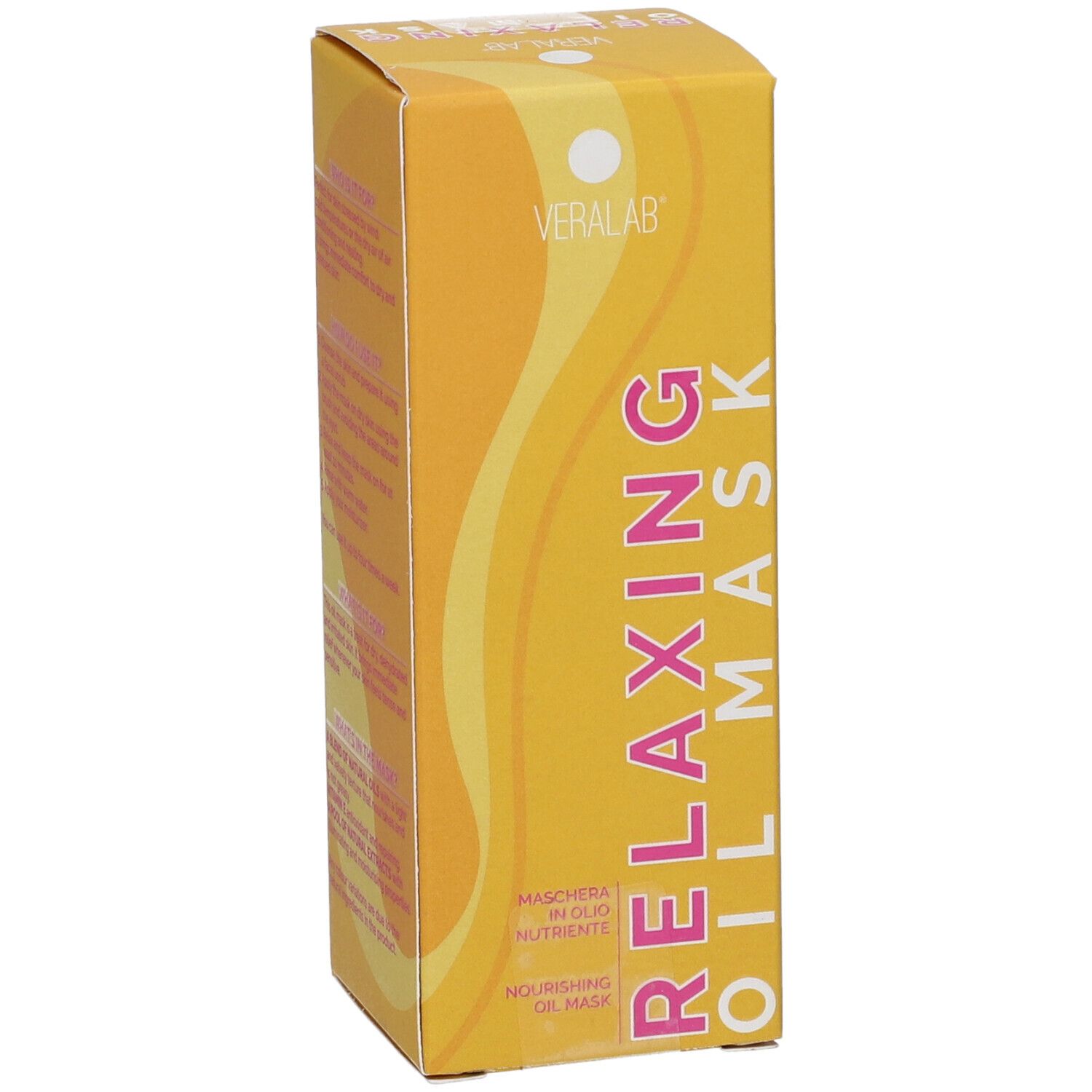 Confezione gialla con nome prodotto Relaxing Oil Mask. Logo Veralab. Testo: Maschera in olio nutriente.