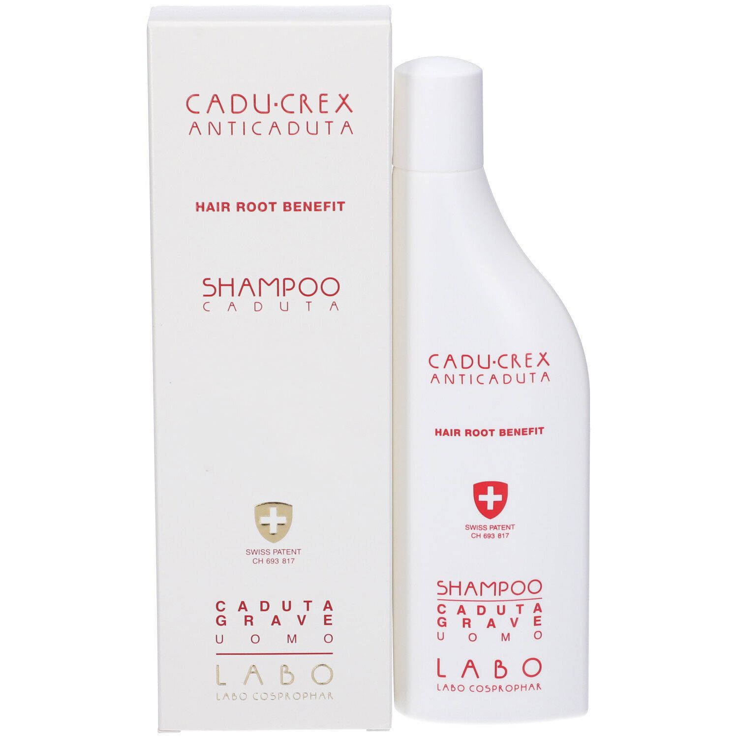 Shampoo bianco con scritte rosse. Nome prodotto e logo croce svizzera. Scatola accanto.