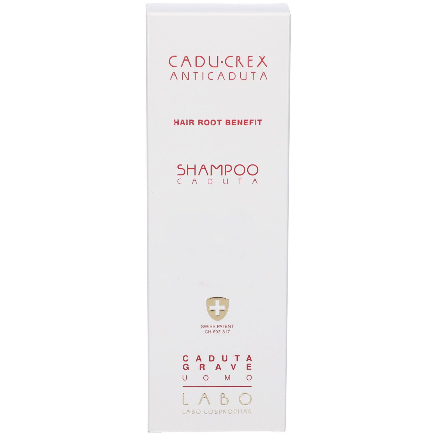 Confezione bianca con scritte rosse. Nome del prodotto e logo croce svizzera.