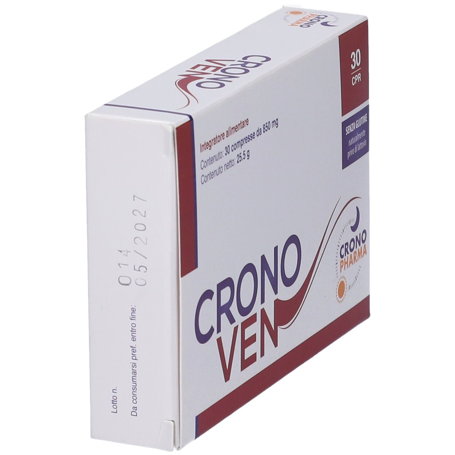 Scatola bianca con testo rosso e blu. Scritto: CRONO VEN. Sul lato: data di scadenza. Logo: sole e luna.
