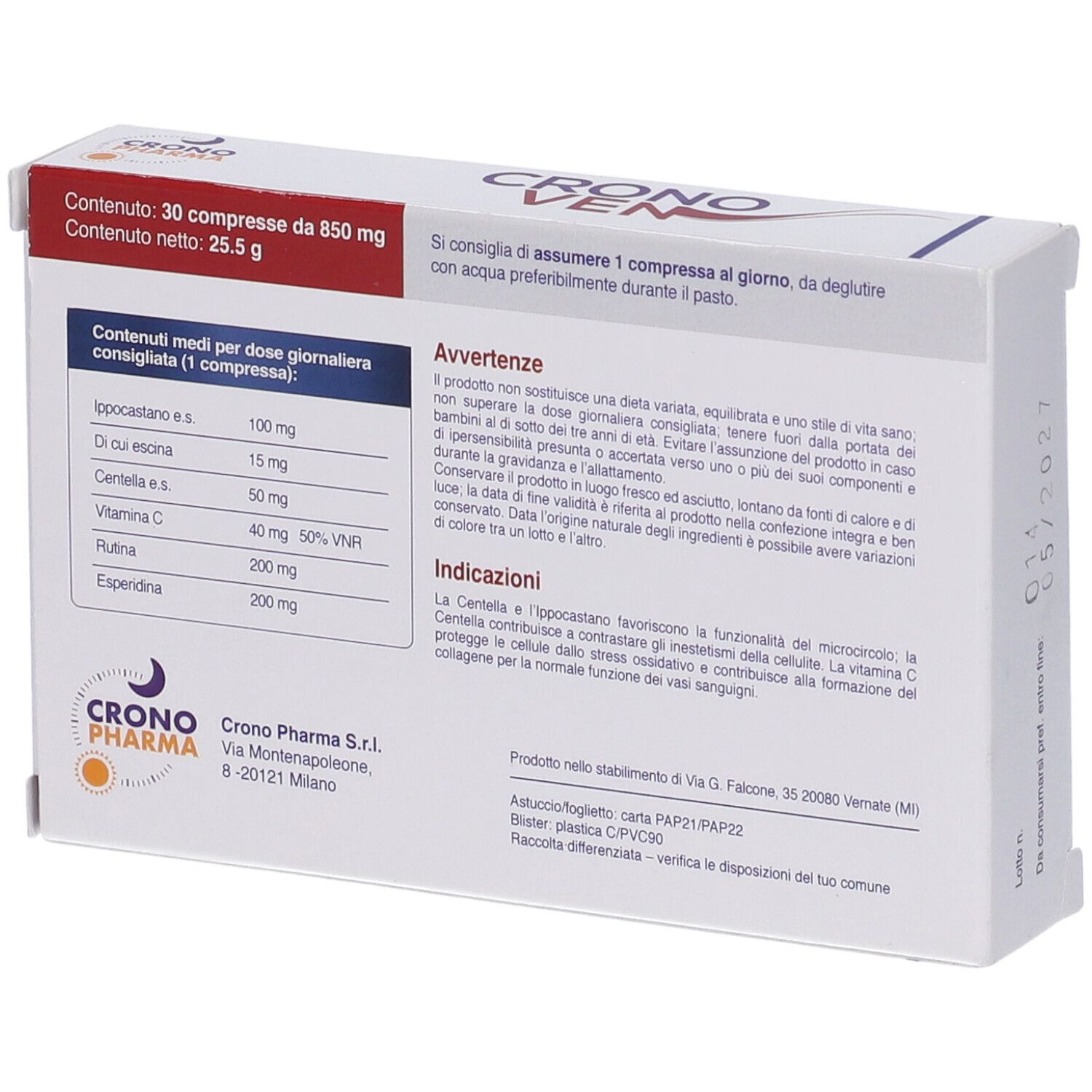 Retro della scatola bianca. Contiene informazioni sugli ingredienti e avvertenze. Logo: sole e luna. Testo in italiano.