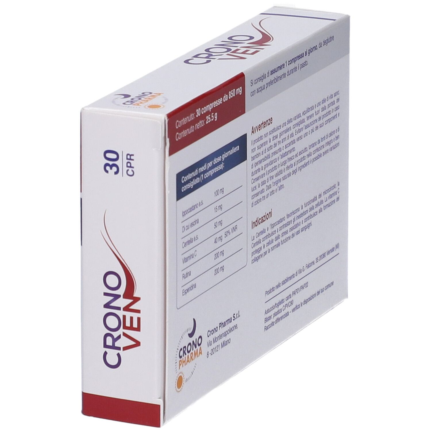 Scatola bianca con testo rosso e blu. Scritto: CRONO VEN, 30 CPR. Retro con ingredienti e avvertenze. Logo: sole e luna.