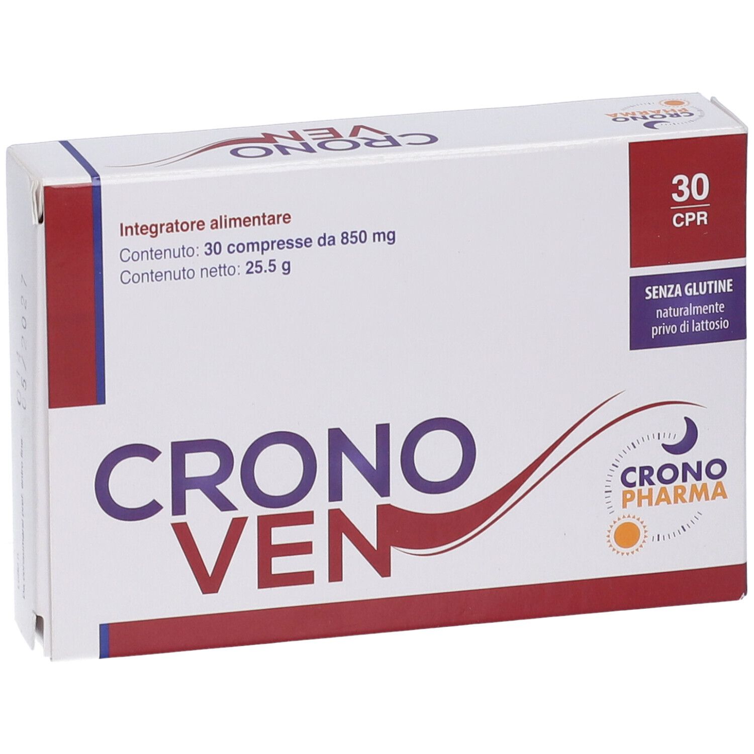 Scatola bianca con testo rosso e blu. Scritto: CRONO VEN, 30 CPR, senza glutine, senza lattosio. Logo: sole e luna.
