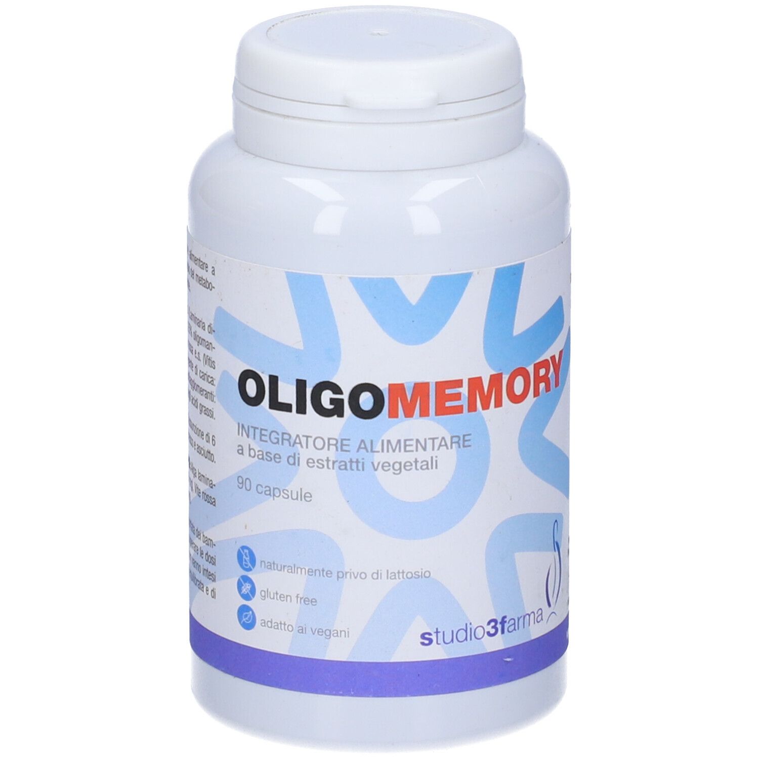 Flacone bianco con capsule. Scritta: OLIGO MEMORY, integratore alimentare. 90 capsule. Senza glutine, vegano.
