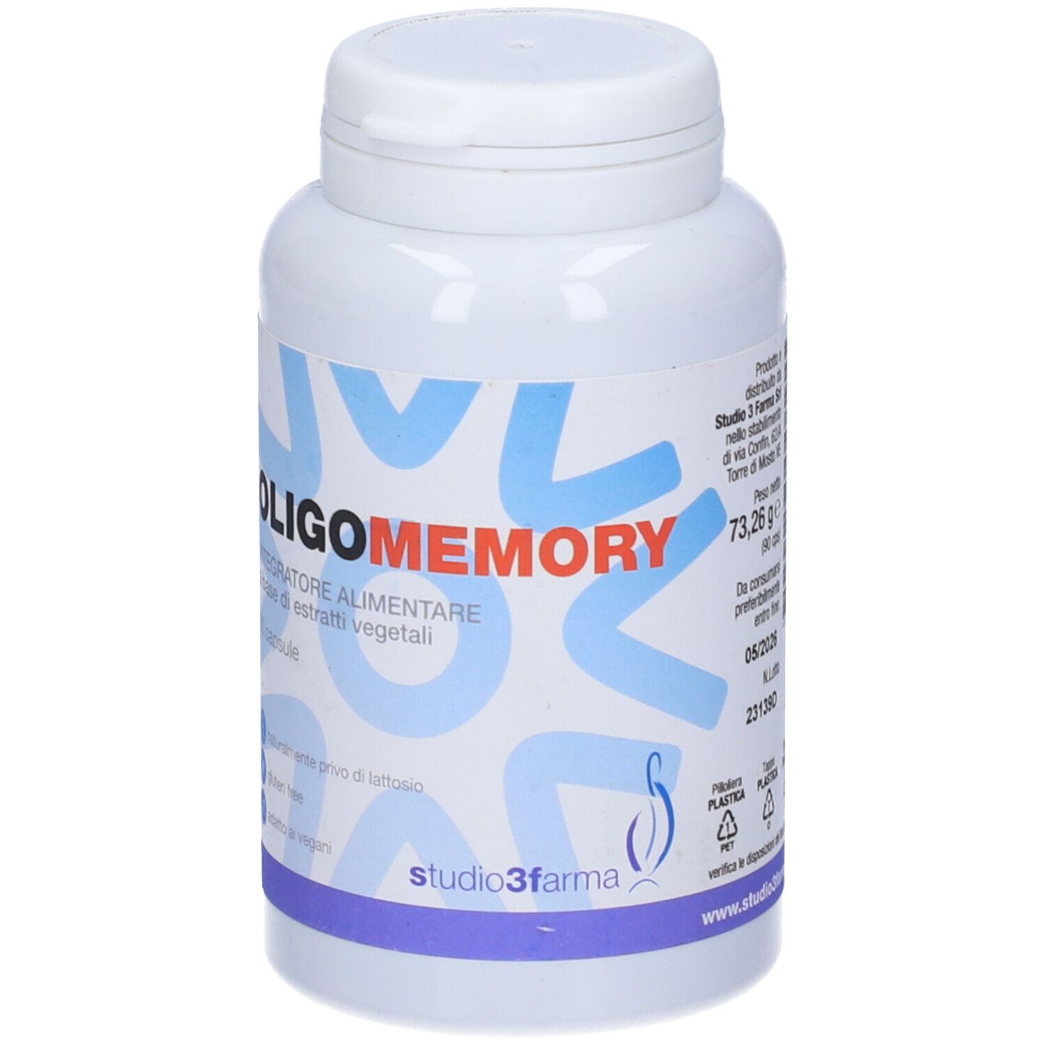 Flacone bianco con capsule. Scritta: OLIGO MEMORY, integratore alimentare. 90 capsule. Logo Studio3farma.