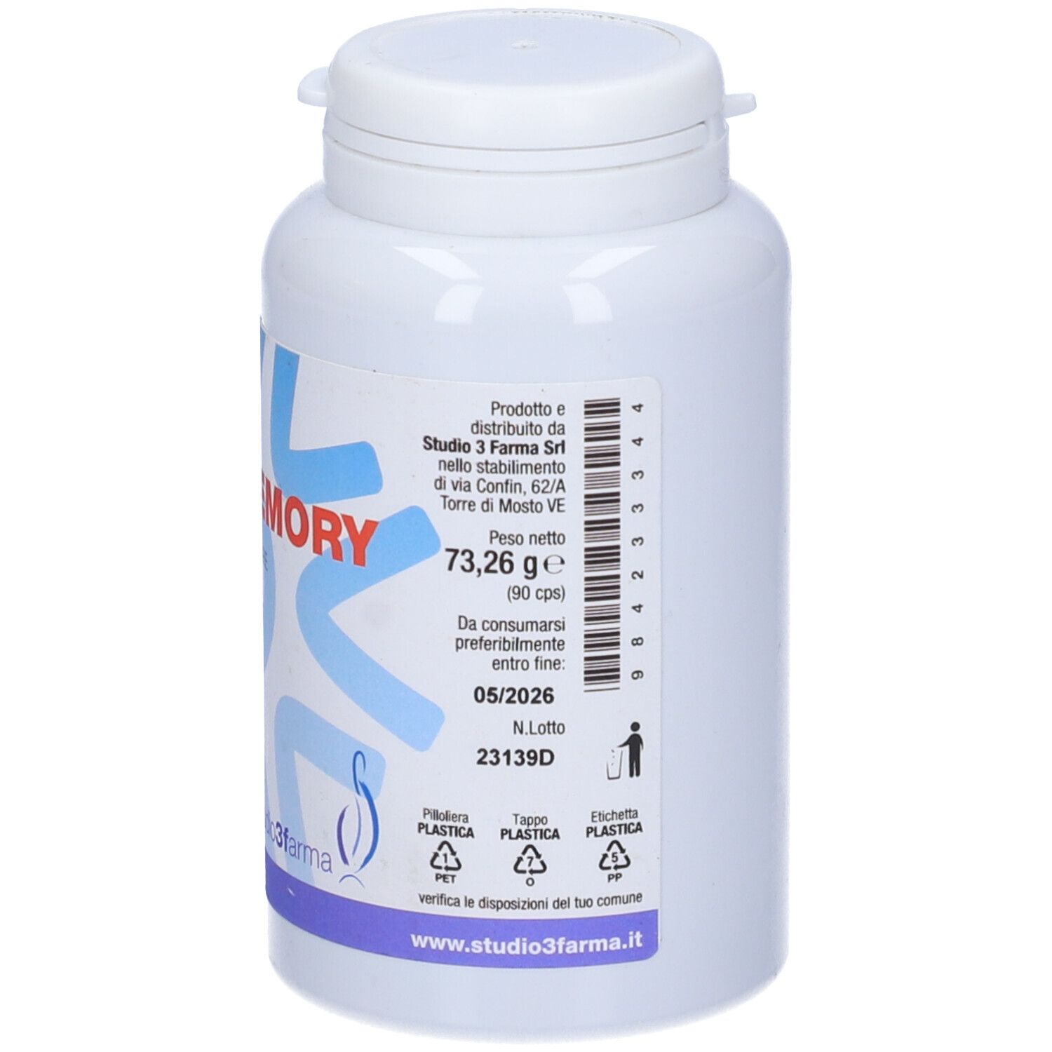 Flacone bianco con capsule. Scritta: OLIGO MEMORY, integratore alimentare. Peso: 73,26 g. Da consumarsi preferibilmente entro 05/2026.
