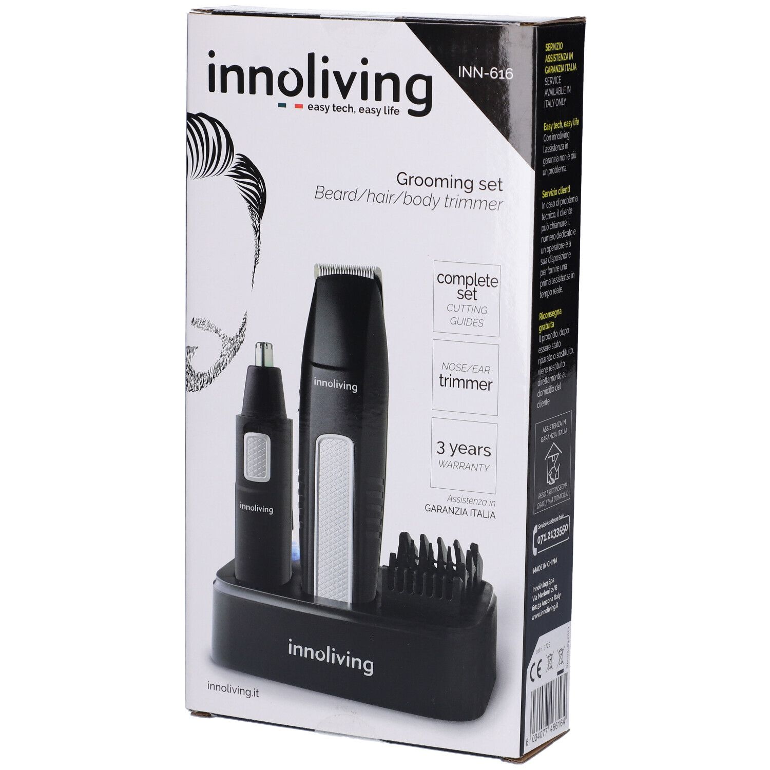 Set Innoliving per la cura del corpo in confezione. Include trimmer, rifinitore naso e accessori. Base nera con immagine del prodotto.