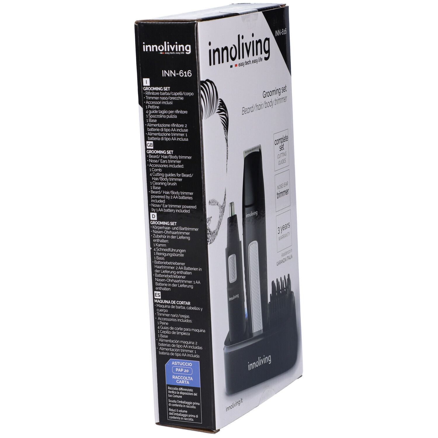 Set Innoliving per la cura del corpo in confezione. Include trimmer, rifinitore naso e accessori. Base nera con immagine del prodotto.