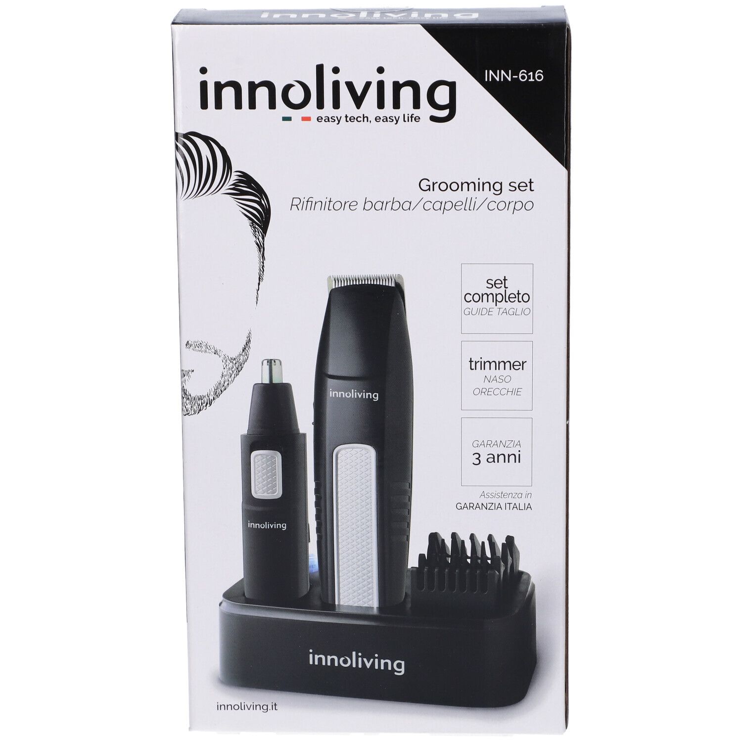 Set Innoliving per la cura del corpo in confezione. Include trimmer, rifinitore naso e accessori. Base nera con immagine del prodotto.