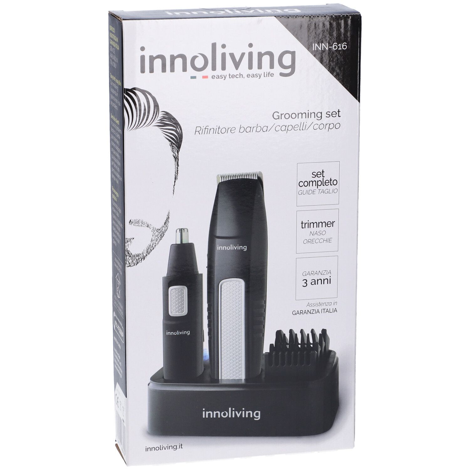 Set Innoliving per la cura del corpo in confezione. Include trimmer, rifinitore naso e accessori. Base nera con immagine del prodotto.
