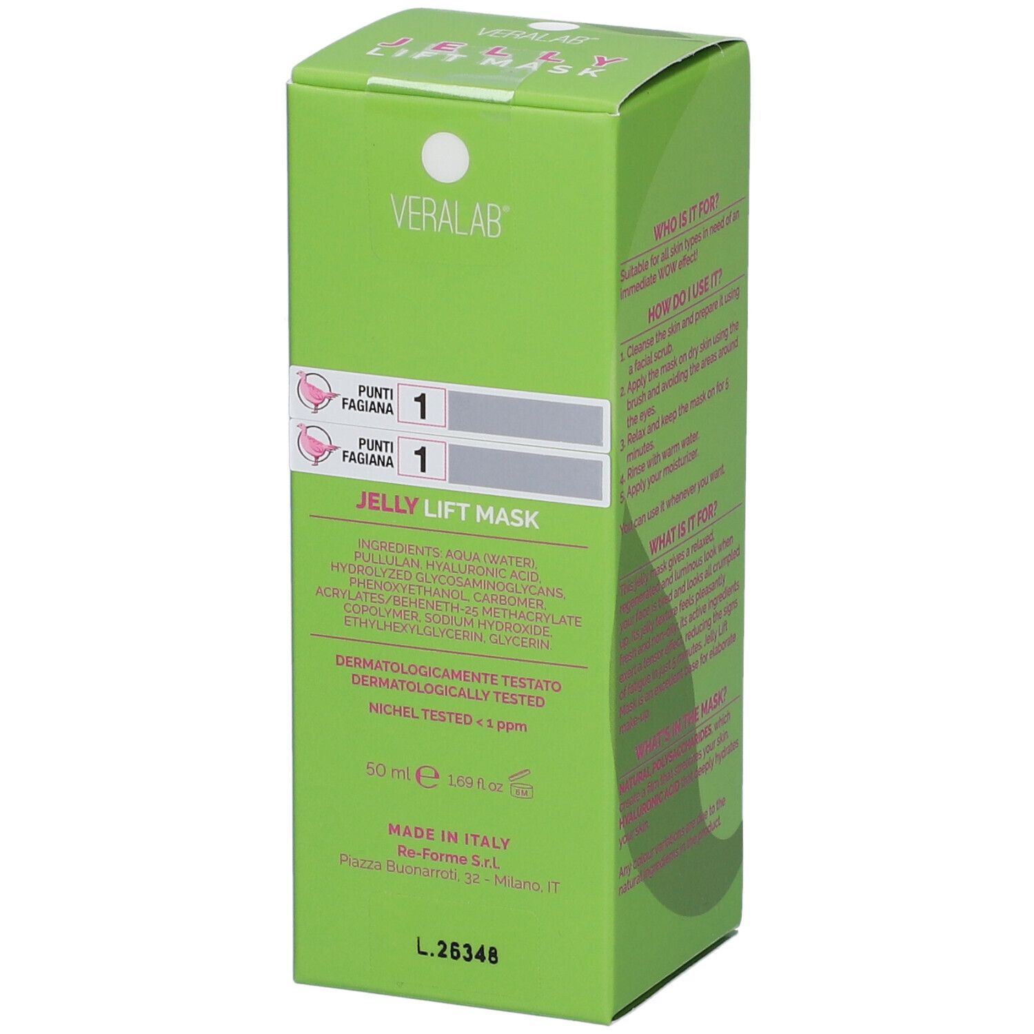 Scatola verde. Testo: ingredienti, dermatologicamente testato. Marchio VERALAB. Nome prodotto "JELLY LIFT MASK". 50 ml.