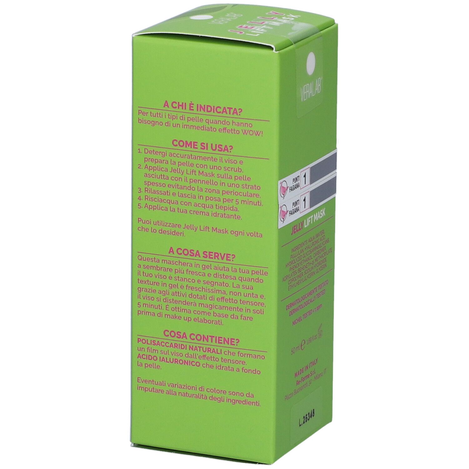 Scatola verde. Testo in italiano. Marchio VERALAB. Nome prodotto "JELLY LIFT MASK". Informazioni sull'uso.