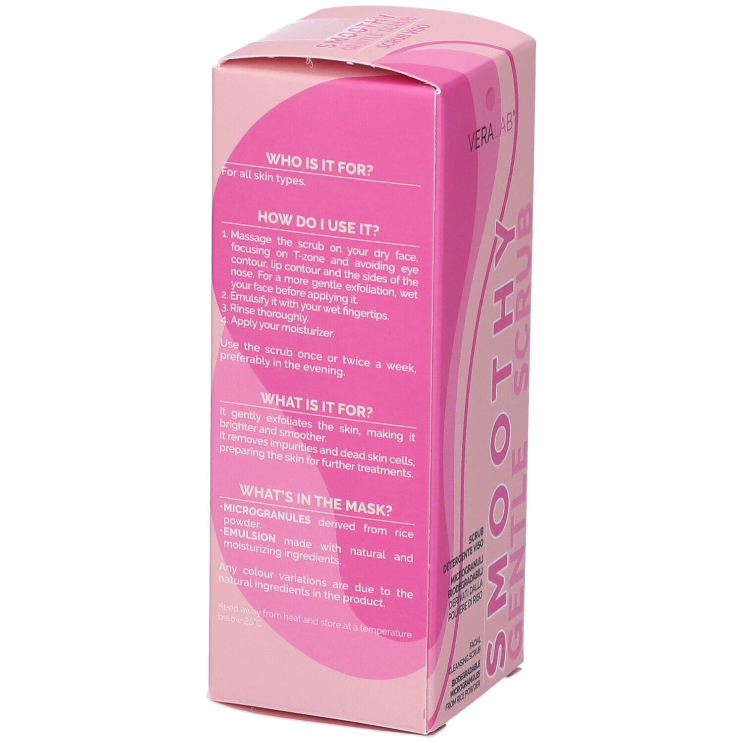 Retro della confezione rosa con testo. Informazioni su utilizzo, ingredienti e a chi è destinato.