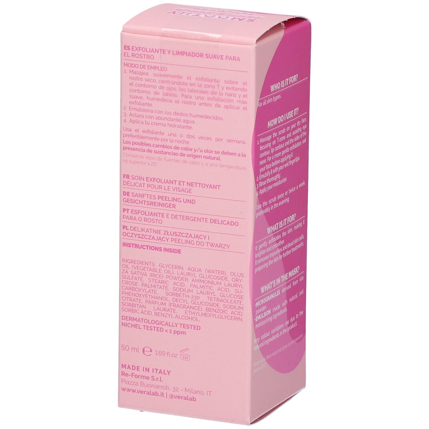 Confezione rosa con testo in più lingue. Informazioni su utilizzo e ingredienti.