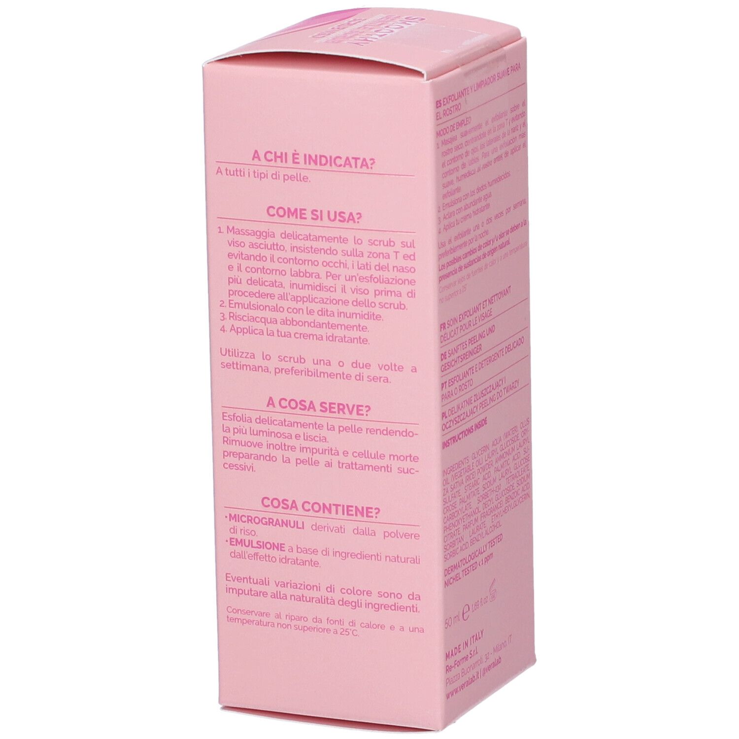 Lato della confezione rosa con testo in italiano. Informazioni su utilizzo e ingredienti.