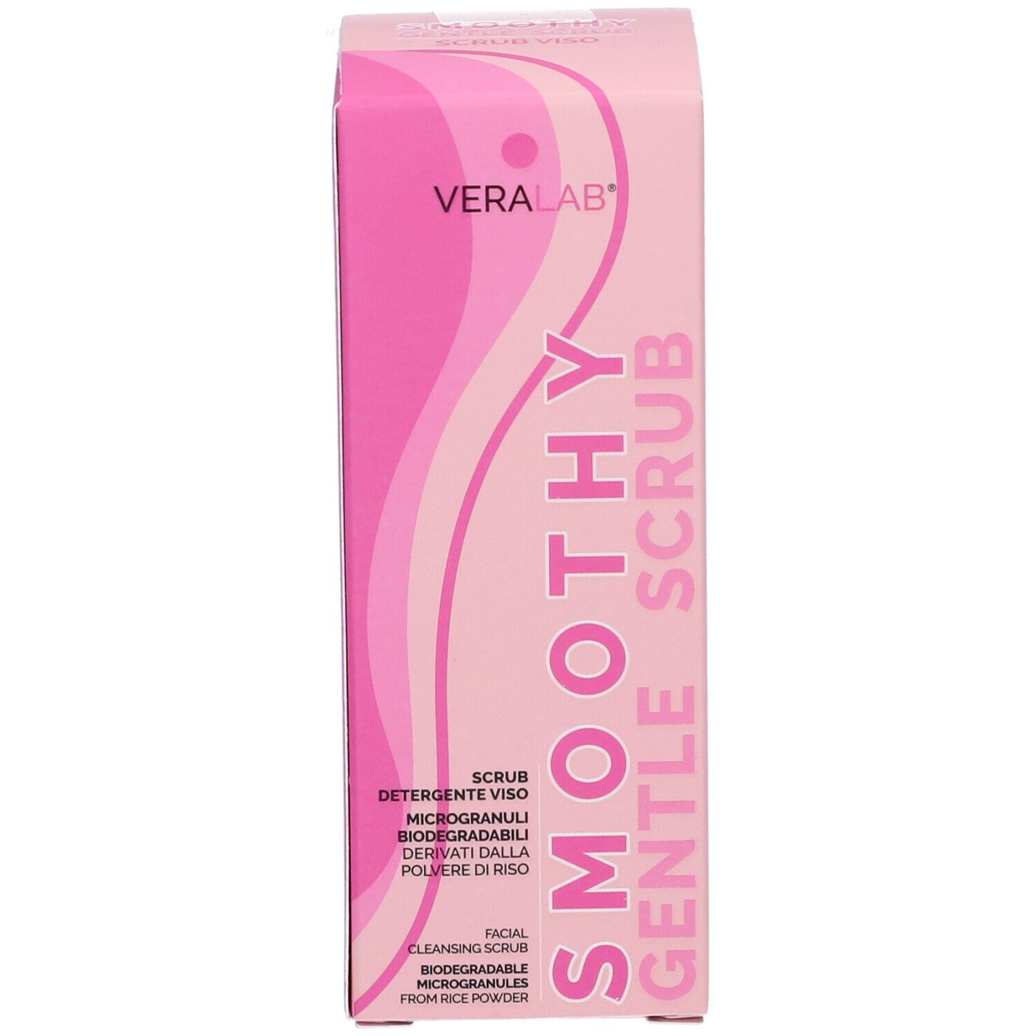 Confezione rosa con SMOOTHY SCRUB e VERALAB. Testo in italiano e inglese. Microgranuli biodegradabili.