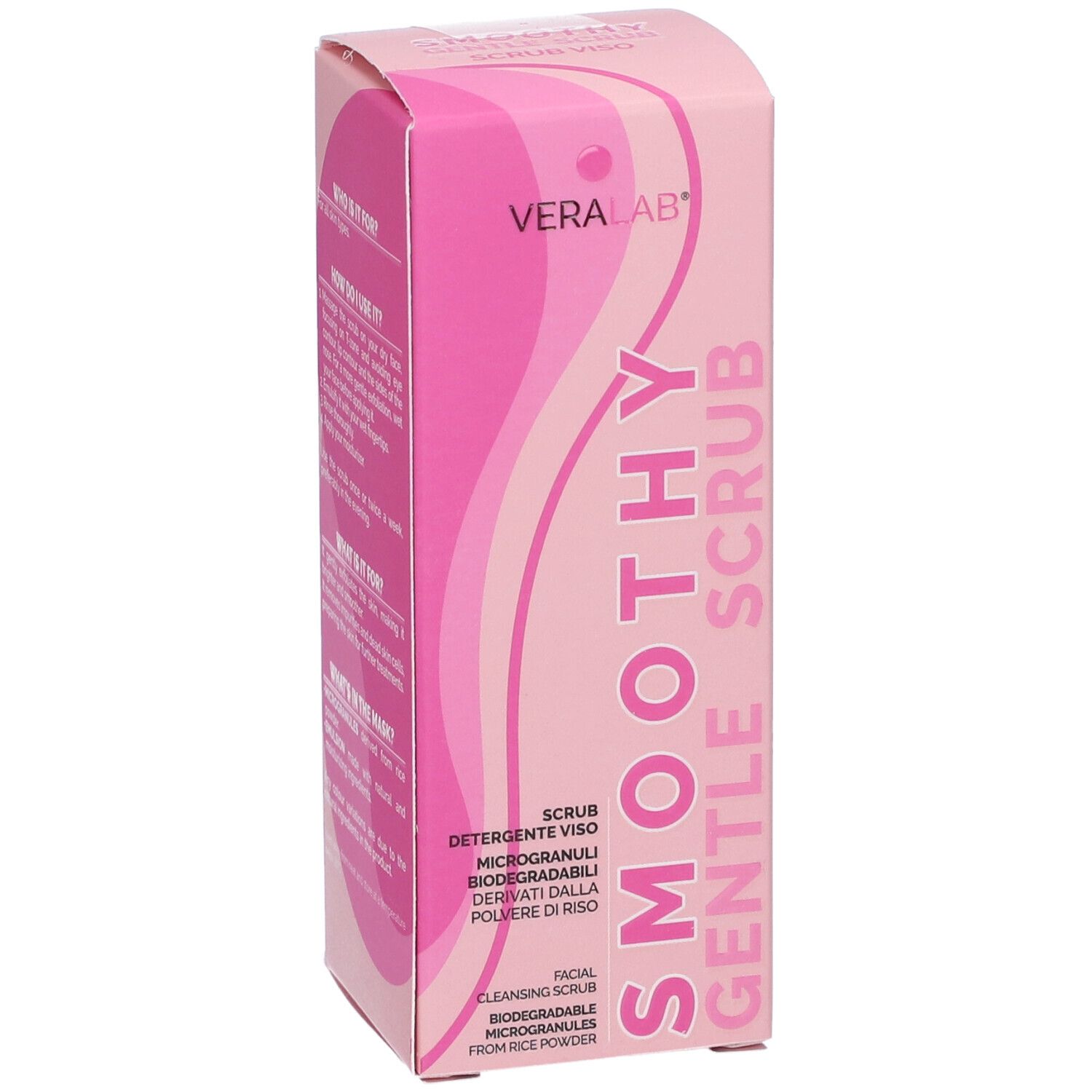 Confezione rosa con SMOOTHY SCRUB e VERALAB. Testo in italiano e inglese. Microgranuli biodegradabili.