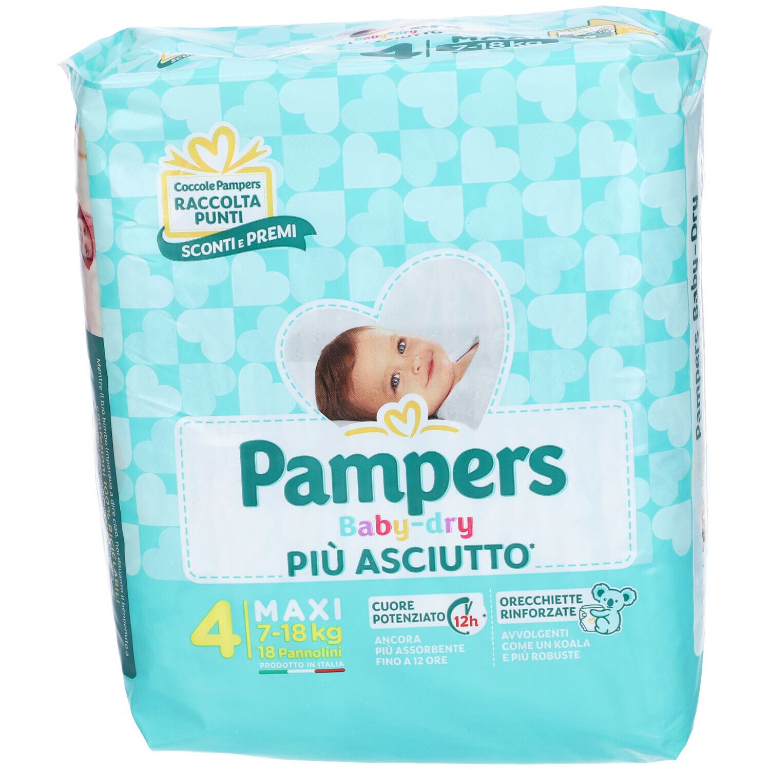 Pampers Baby-Dry Maxi 4, 7-18 kg. Confezione azzurra con immagine di bambino e informazioni sul prodotto.