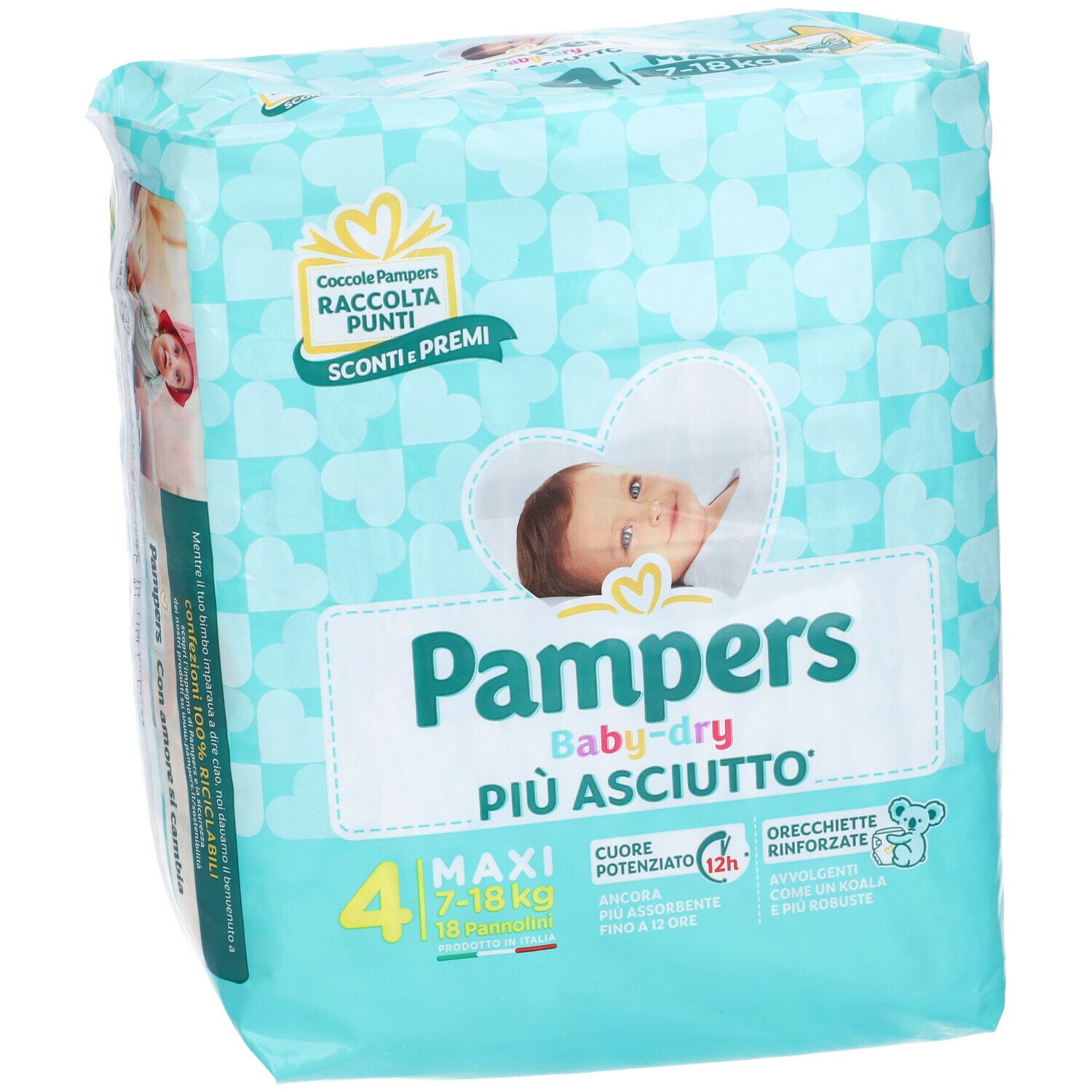 Pampers Baby-Dry Maxi 4, 7-18 kg. Confezione azzurra con immagine di bambino e informazioni sul prodotto.