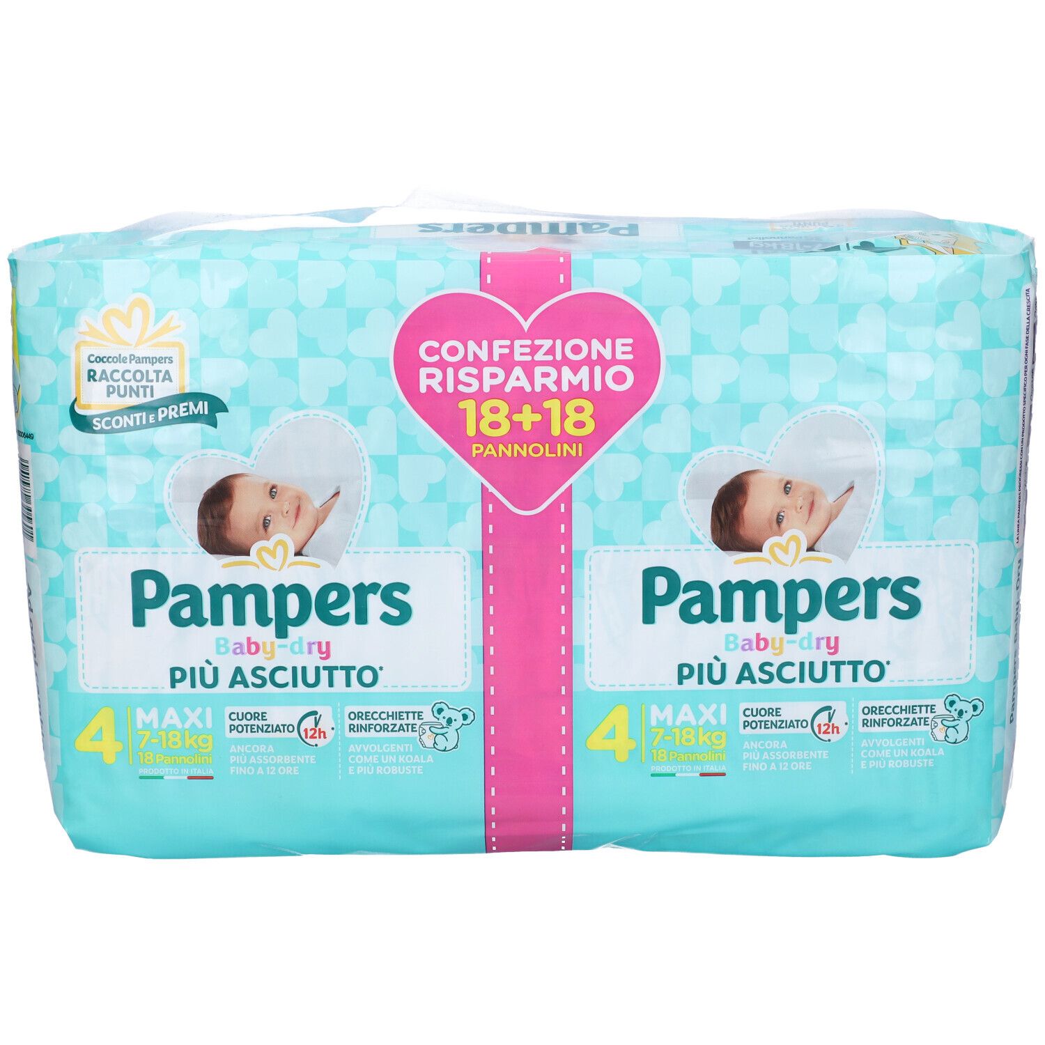 Pannolini Pampers Baby-Dry Maxi, 18+18 pezzi. Confezione azzurra con illustrazioni di bambini. Cuore rosa con testo.