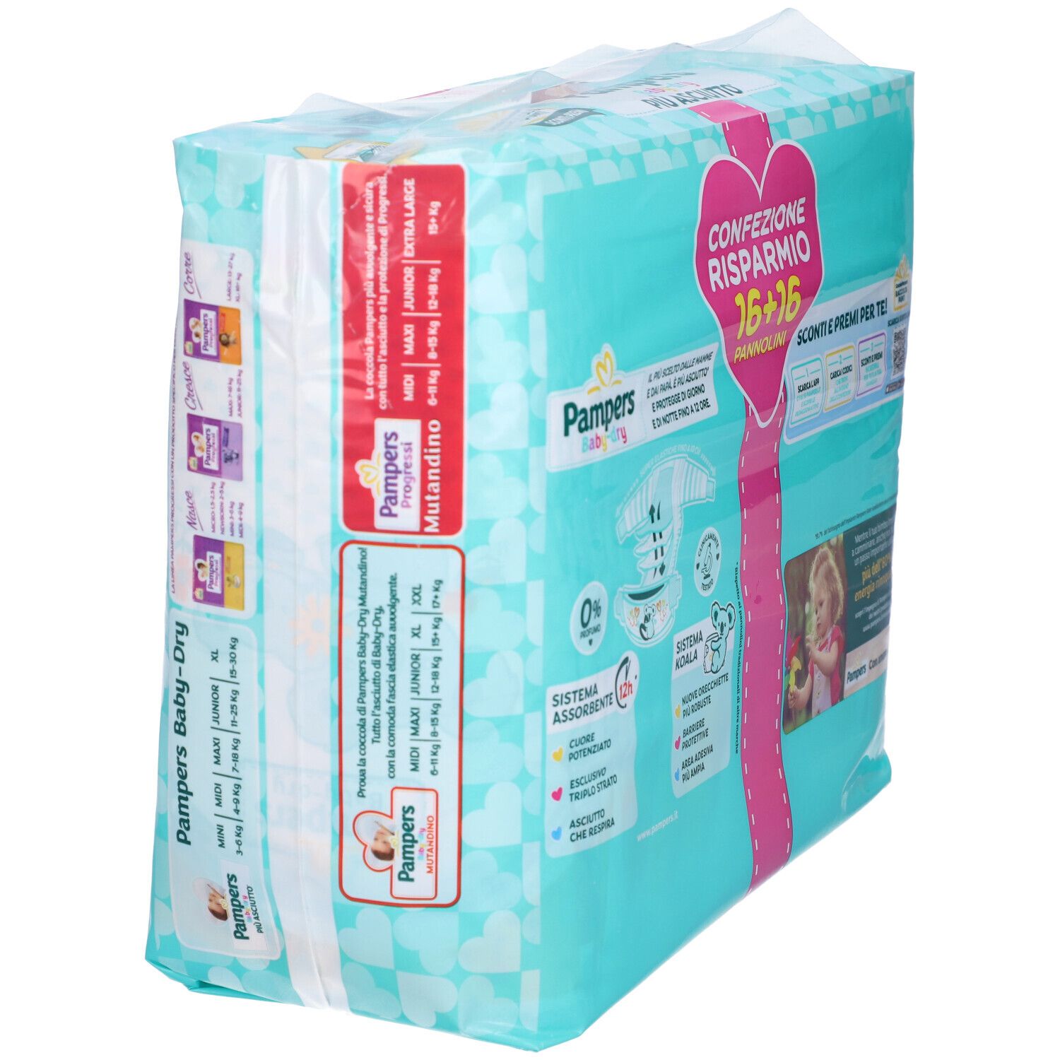 Confezione Pampers Baby-Dry. Design a cuore con testo. Informazioni sulle taglie. Motivo turchese e bianco. Informazioni.