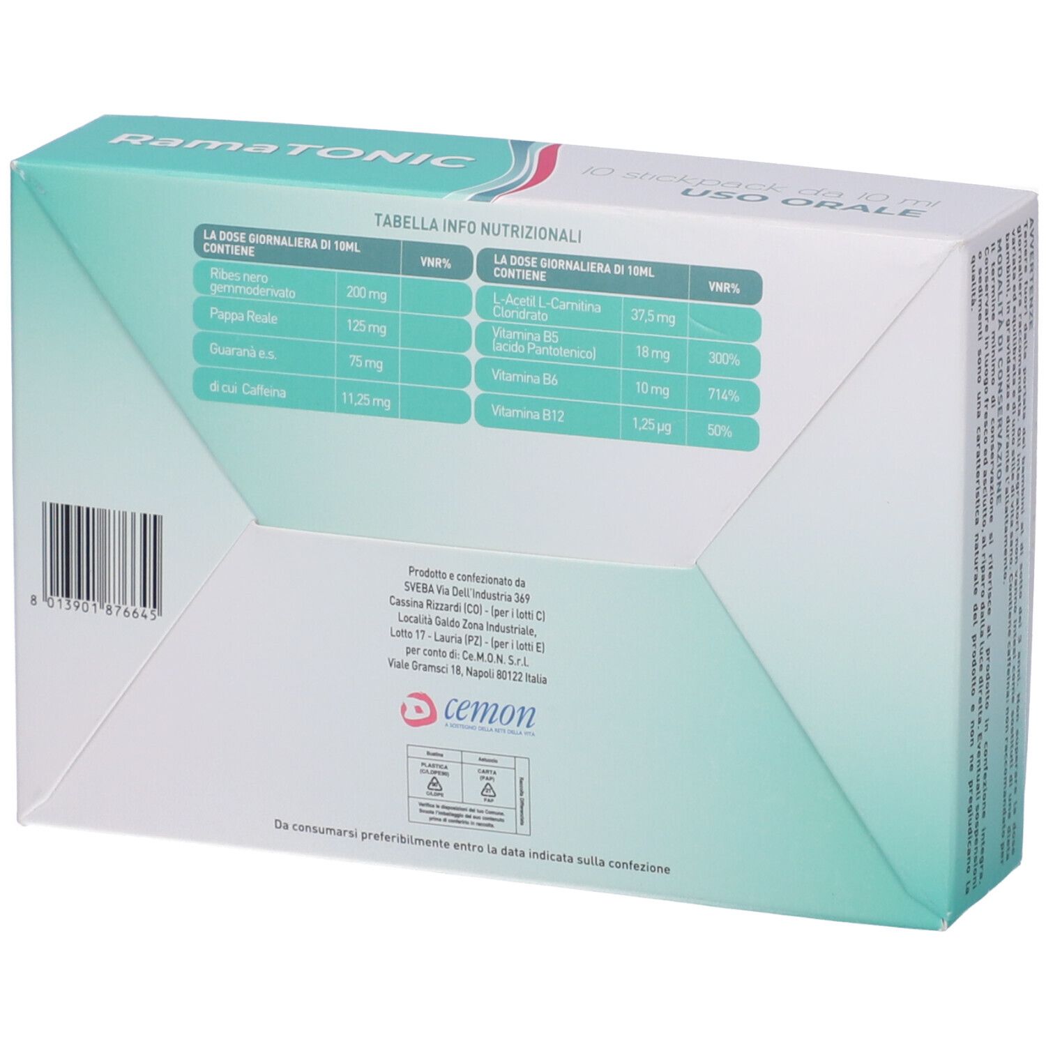 Confezione RamaTONIC. Retro con tabella nutrizionale e informazioni produttore. Marchio CEMON.