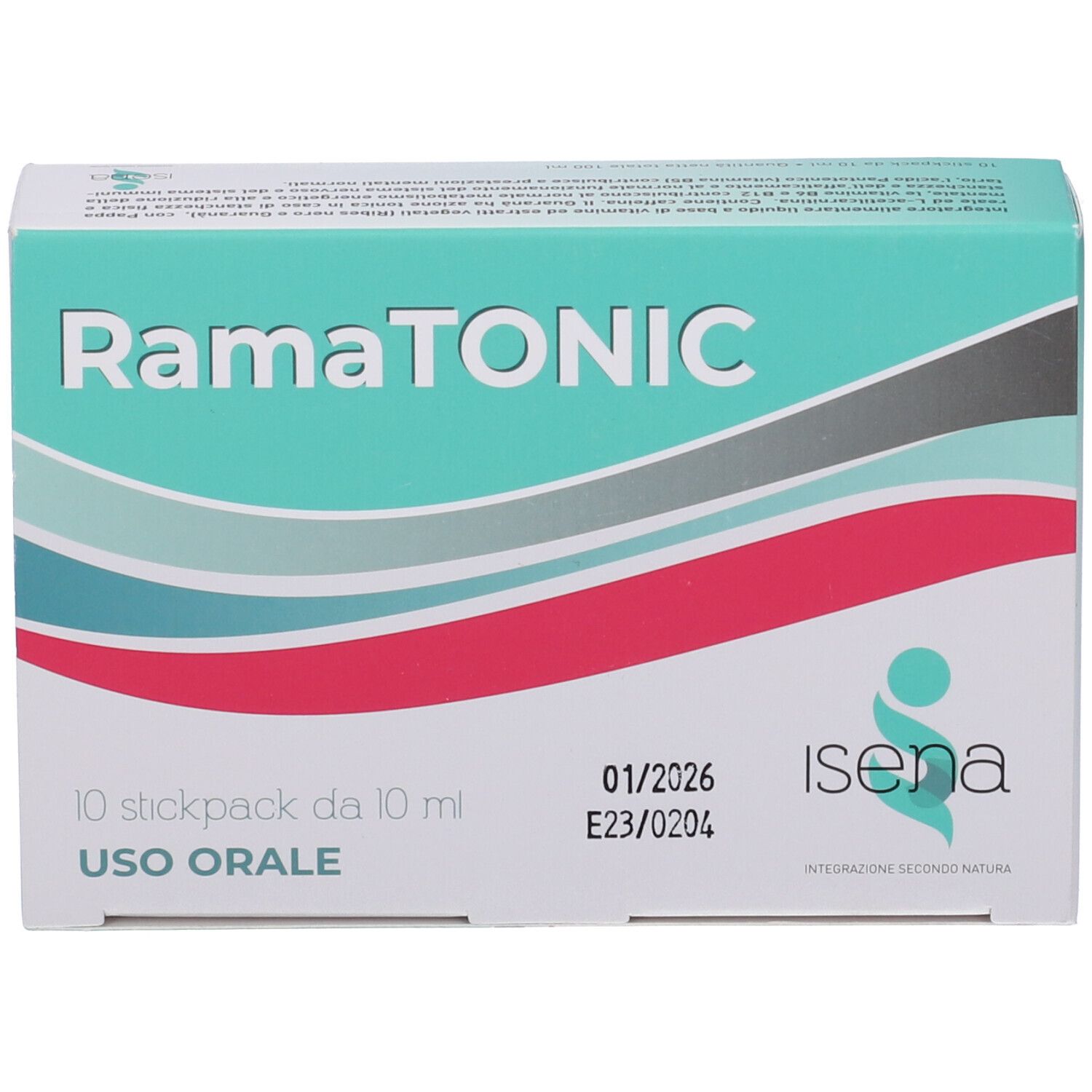 Confezione RamaTONIC. Contiene 10 stickpack. Scritte e logo visibili.