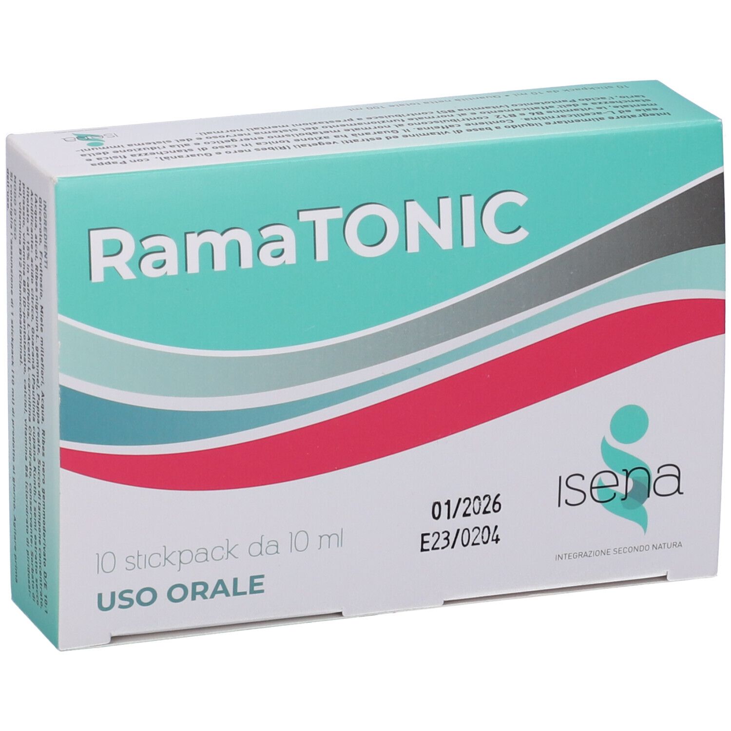 Confezione RamaTONIC. Contiene 10 stickpack. Scritte e logo visibili.