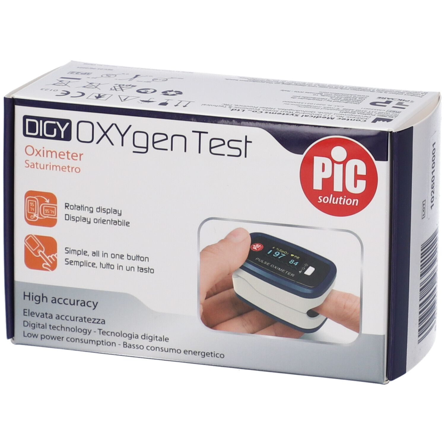 Confezione Digy Oxygen Test. Immagine ossimetro, dettagli blu e bianchi. Alta precisione, tecnologia digitale.