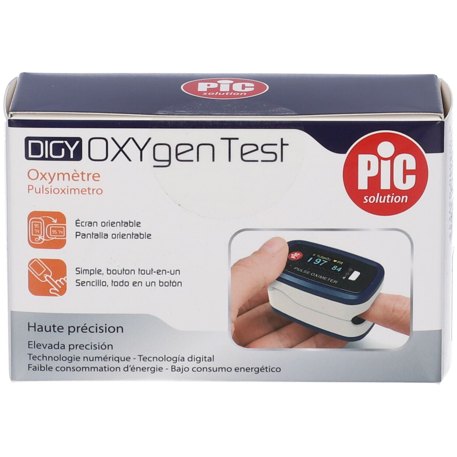 Confezione Digy Oxygen Test. Immagine ossimetro, dettagli blu e bianchi. Alta precisione, tecnologia digitale.