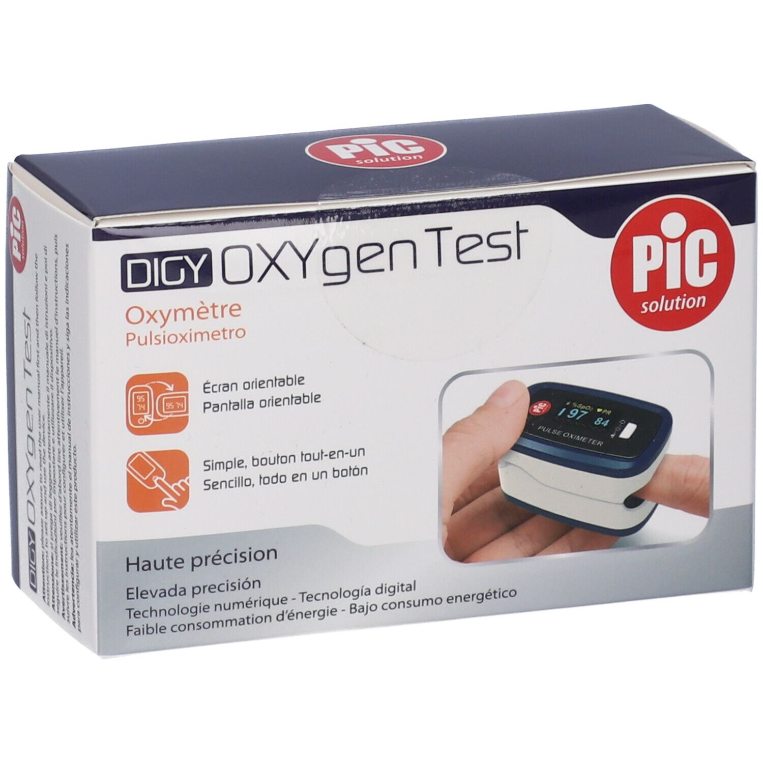 Confezione Digy Oxygen Test. Immagine ossimetro, dettagli blu e bianchi. Alta precisione, tecnologia digitale.