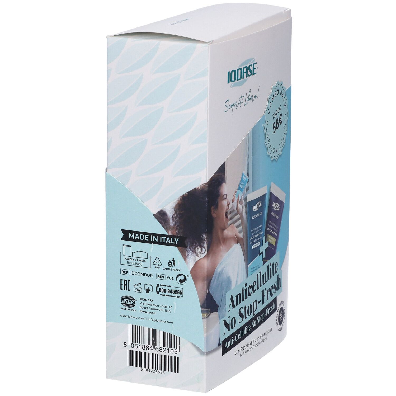 Vista laterale della confezione del prodotto. Testo: Anticellulite No Stop-Fresh. Marchio IODASE. Made in Italy.