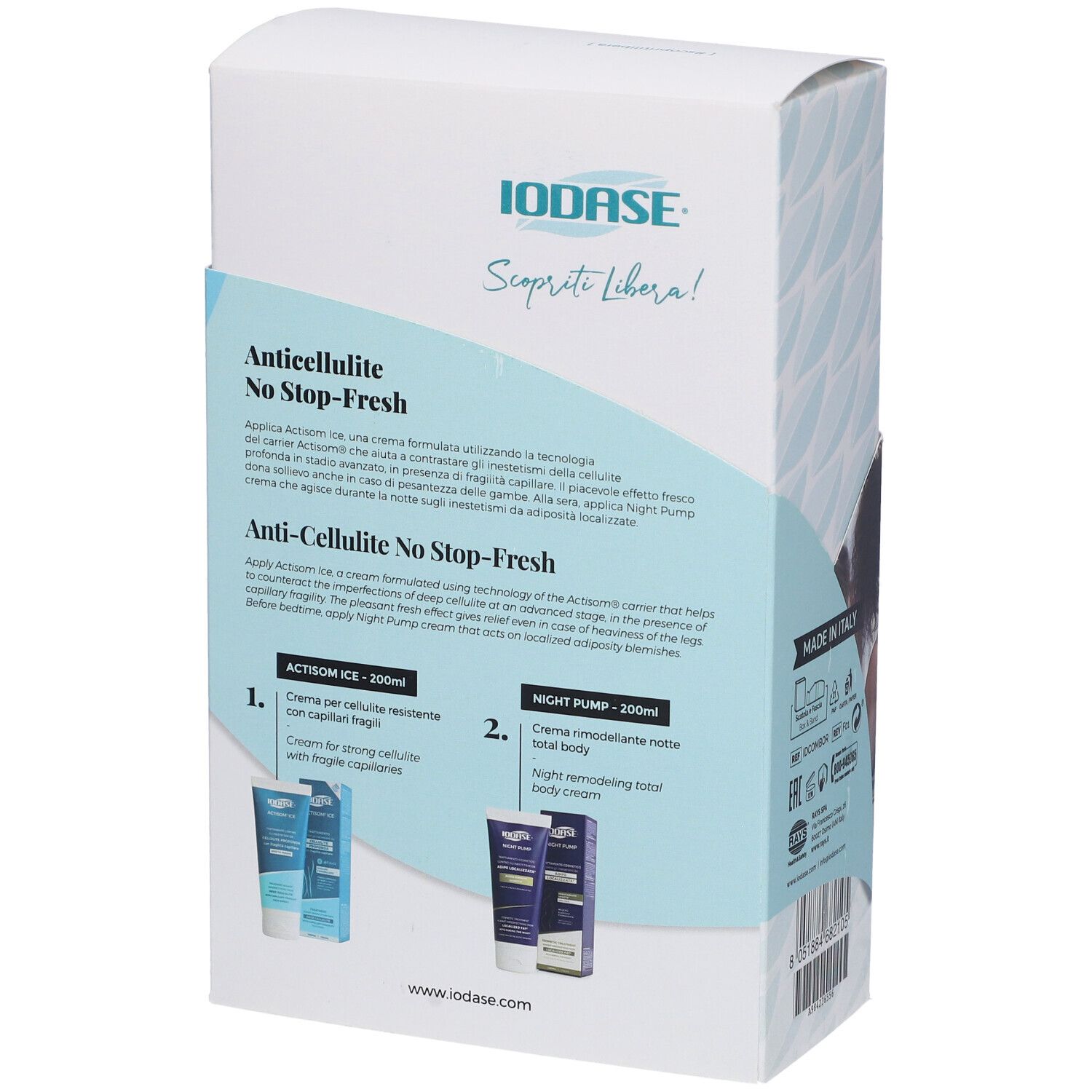Retro della confezione del prodotto. Testo: Anticellulite No Stop-Fresh. Marchio IODASE. Descrizione del prodotto.