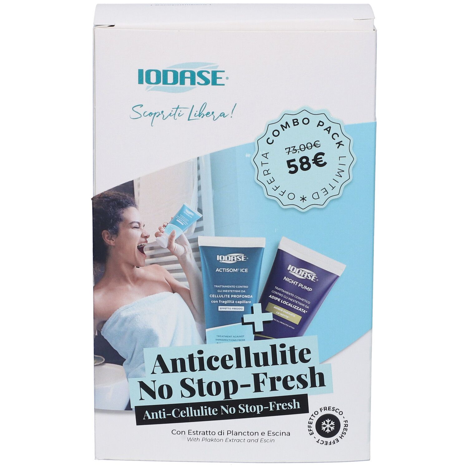 Confezione del prodotto con immagini. Testo: Anticellulite No Stop-Fresh. Combo Pack. Marchio IODASE.