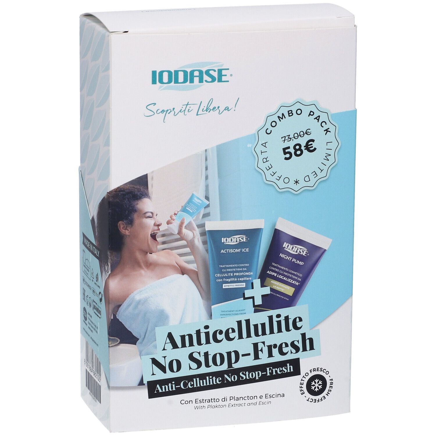 Confezione del prodotto con immagini. Testo: Anticellulite No Stop-Fresh. Combo Pack. Marchio IODASE.