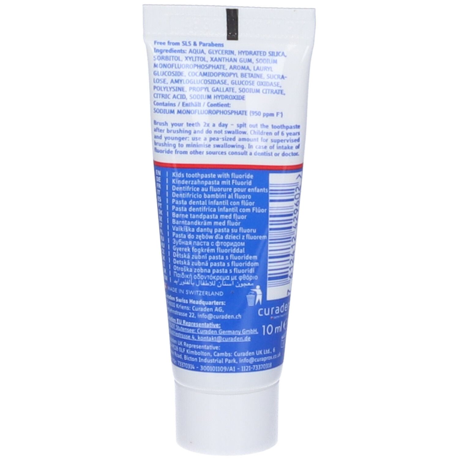 Retro del tubetto di dentifricio con ingredienti e istruzioni. Contiene 10 ml. Prodotto in Svizzera.